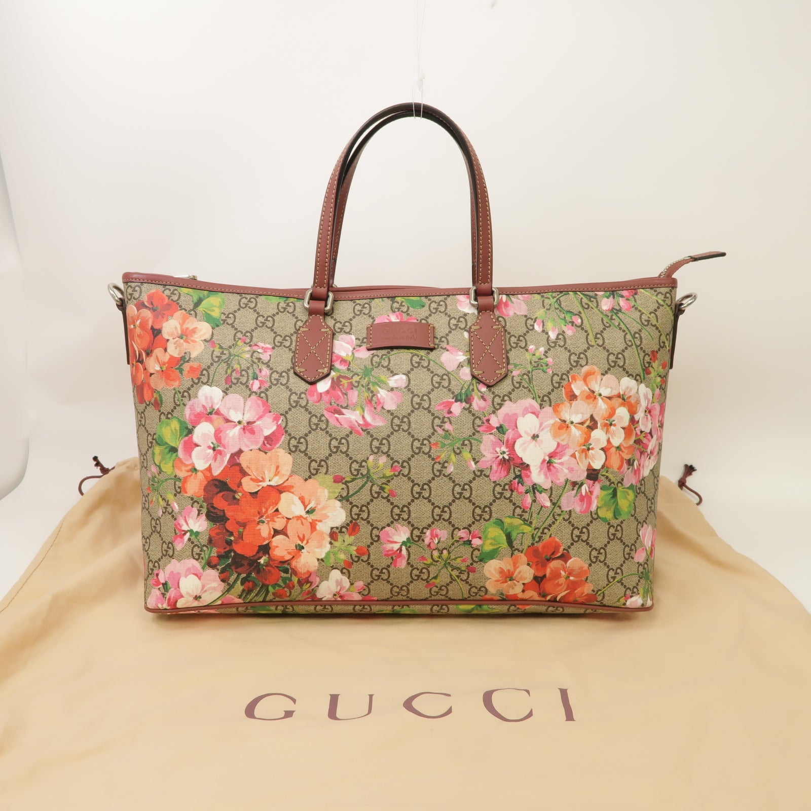 GUCCI 塗層帆布Tote Bag銀扣手挽袋米色/紅色/粉紅色