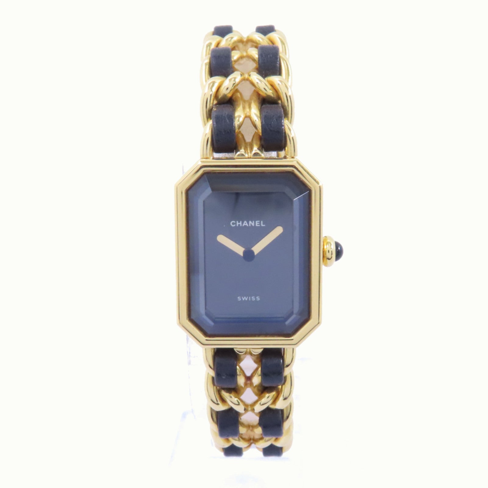 CHANEL Premiere L鍍金/皮革帶手錶石英機芯黑色