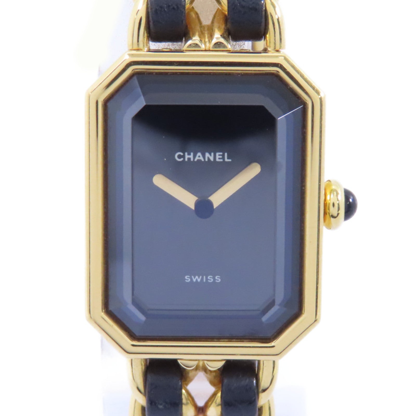 CHANEL Premiere L鍍金/皮革帶手錶石英機芯黑色
