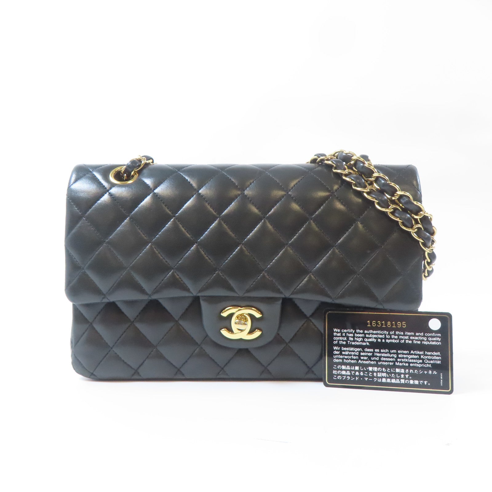 CHANEL 菱格羊皮皮革Classic 25金扣鏈帶肩背袋黑色