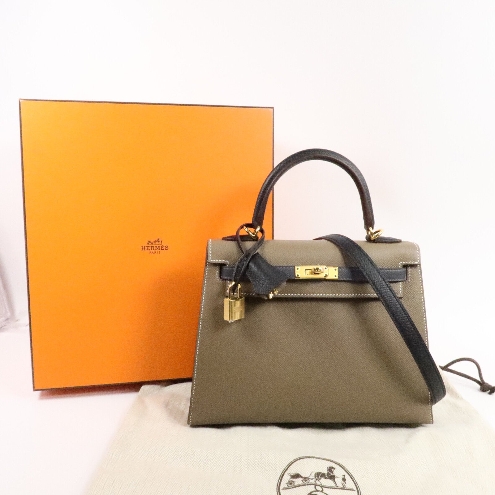 HERMES Epsom皮革Kelly 25手挽肩背兩用袋Etoupe/Ardoise/Noir