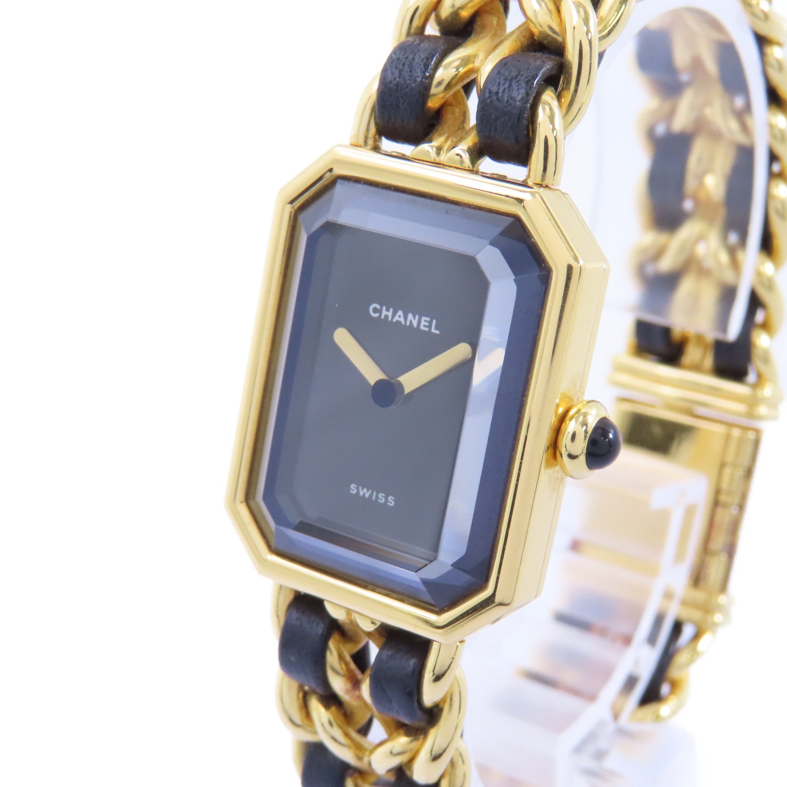 CHANEL Premiere L鍍金/皮革帶手錶石英機芯黑色