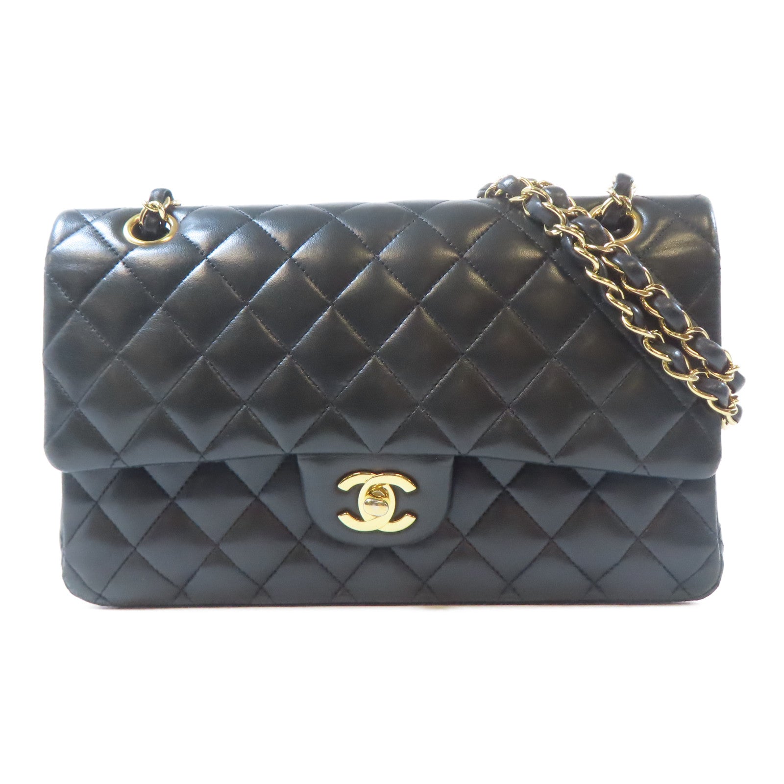 CHANEL 菱格羊皮皮革Classic 25金扣鏈帶肩背袋黑色