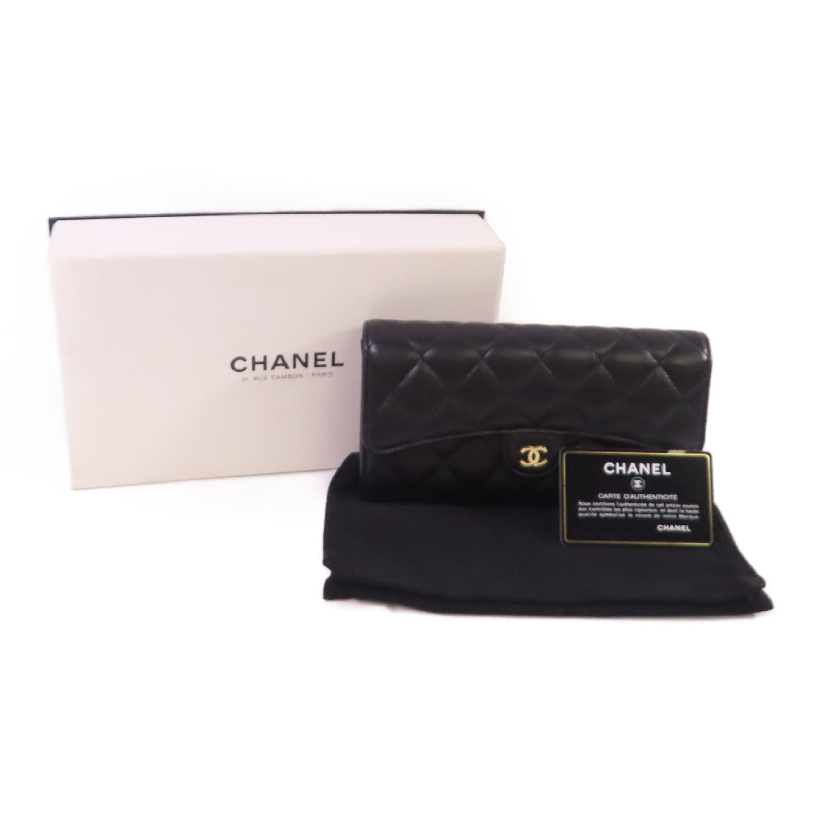 CHANEL 菱格羊皮皮革Long Wallet金扣長錢包黑色