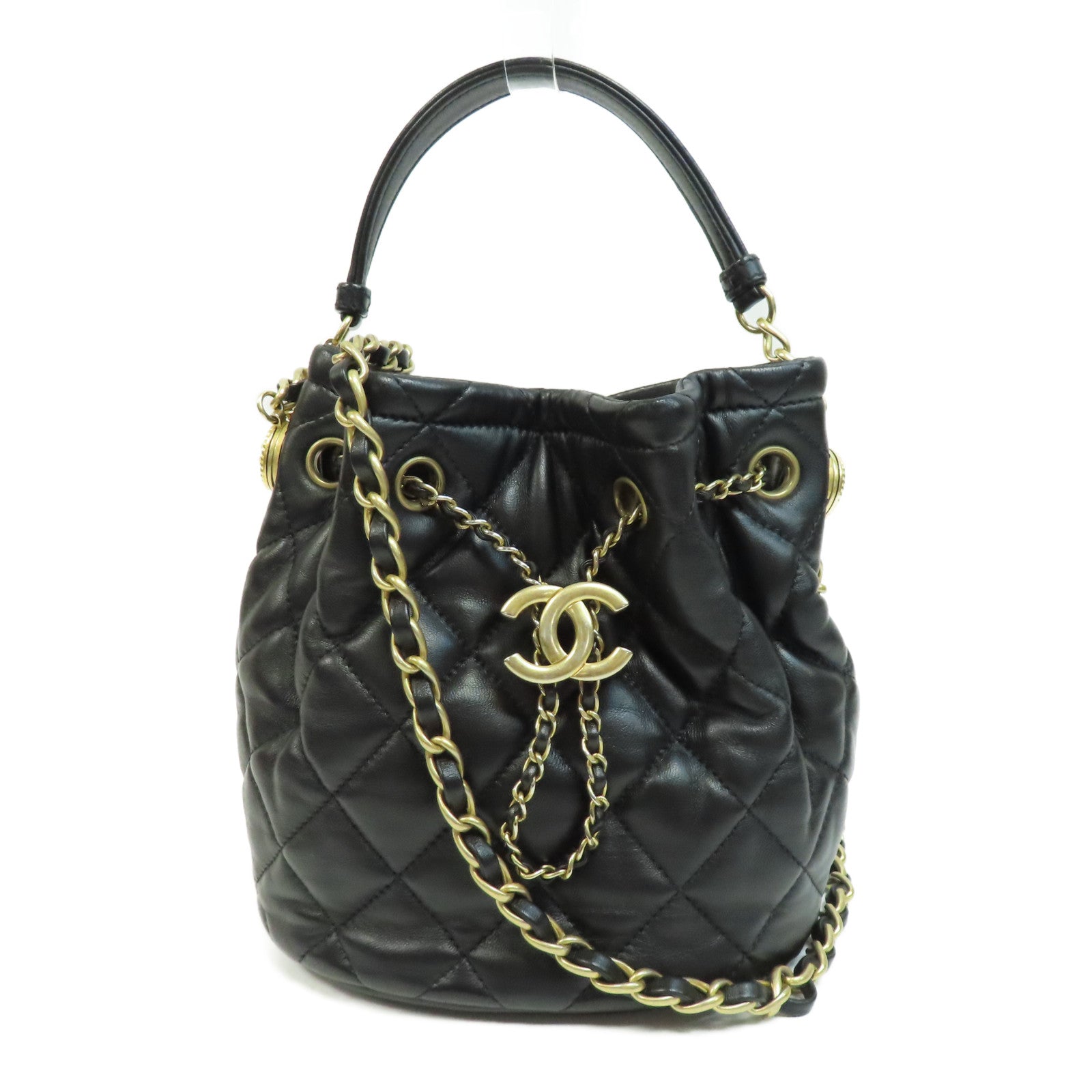 CHANEL 菱格牛皮皮革Bucket Bag金扣鏈帶手挽肩背兩用袋黑色