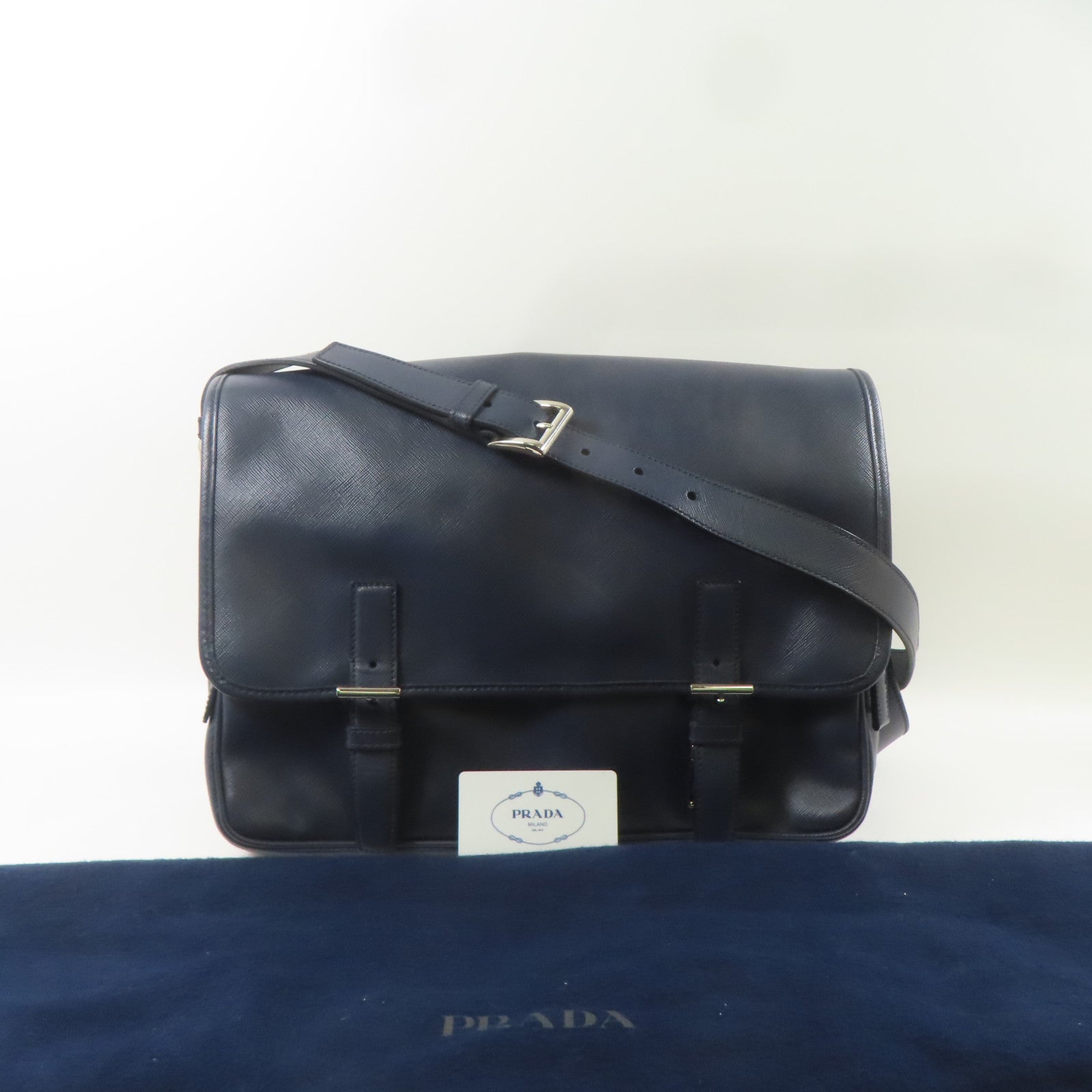 PRADA 皮革Shoulder Bag銀扣肩背袋深藍色