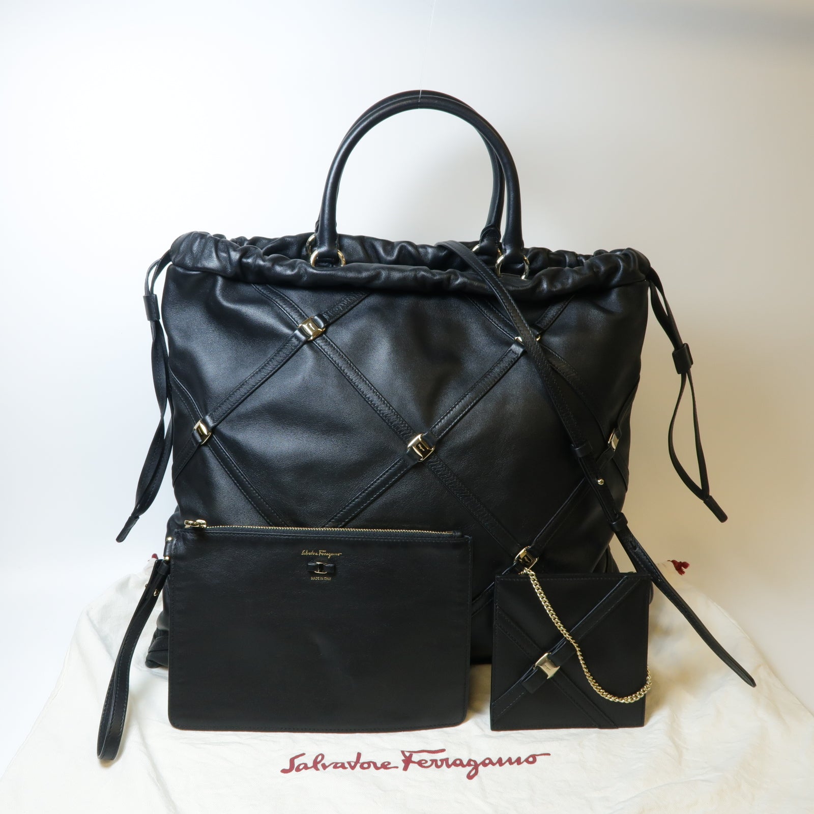 Salvatore Ferragamo **【激減優惠】皮革2 Way Shoulder金扣手挽肩背兩用袋黑色