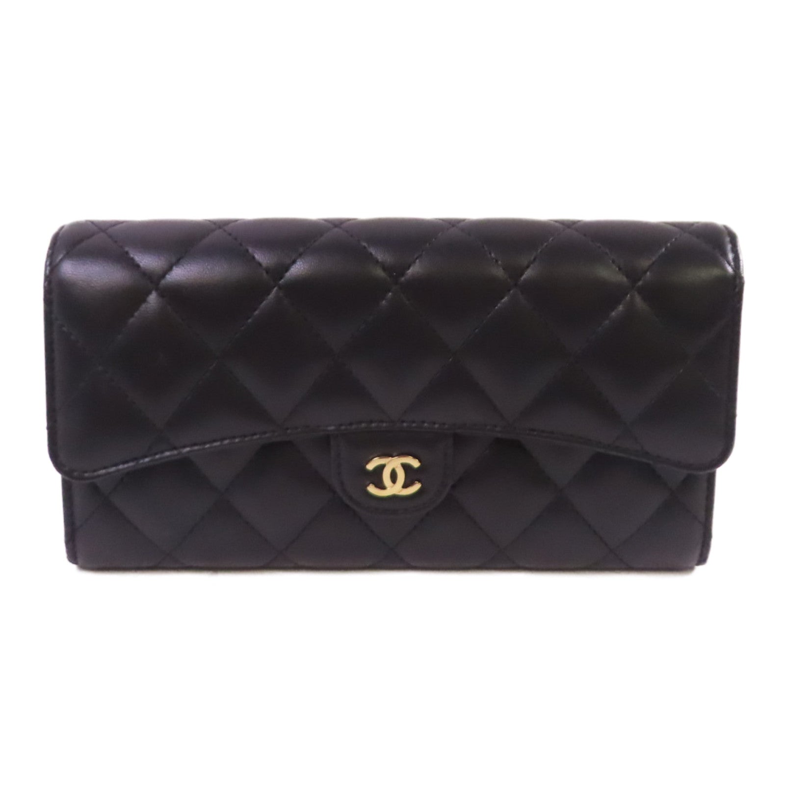 CHANEL 菱格羊皮皮革Long Wallet金扣長錢包黑色