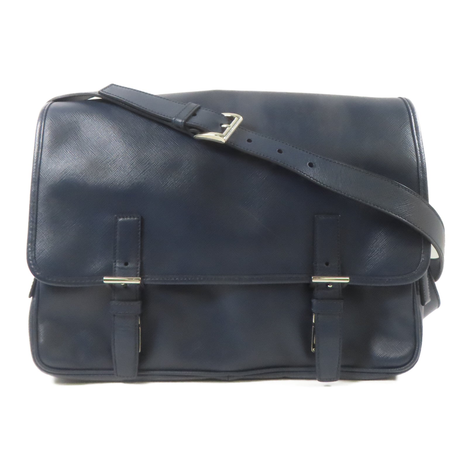 PRADA 皮革Shoulder Bag銀扣肩背袋深藍色