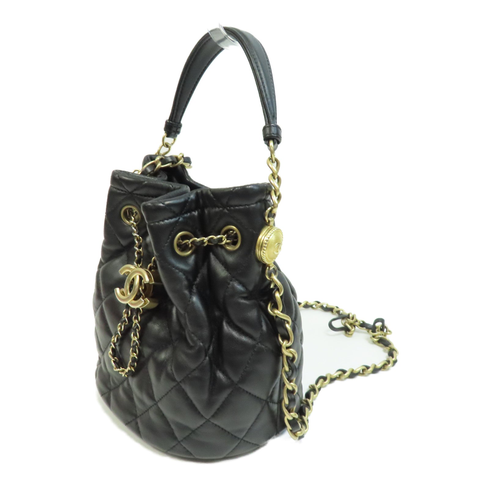 CHANEL 菱格牛皮皮革Bucket Bag金扣鏈帶手挽肩背兩用袋黑色