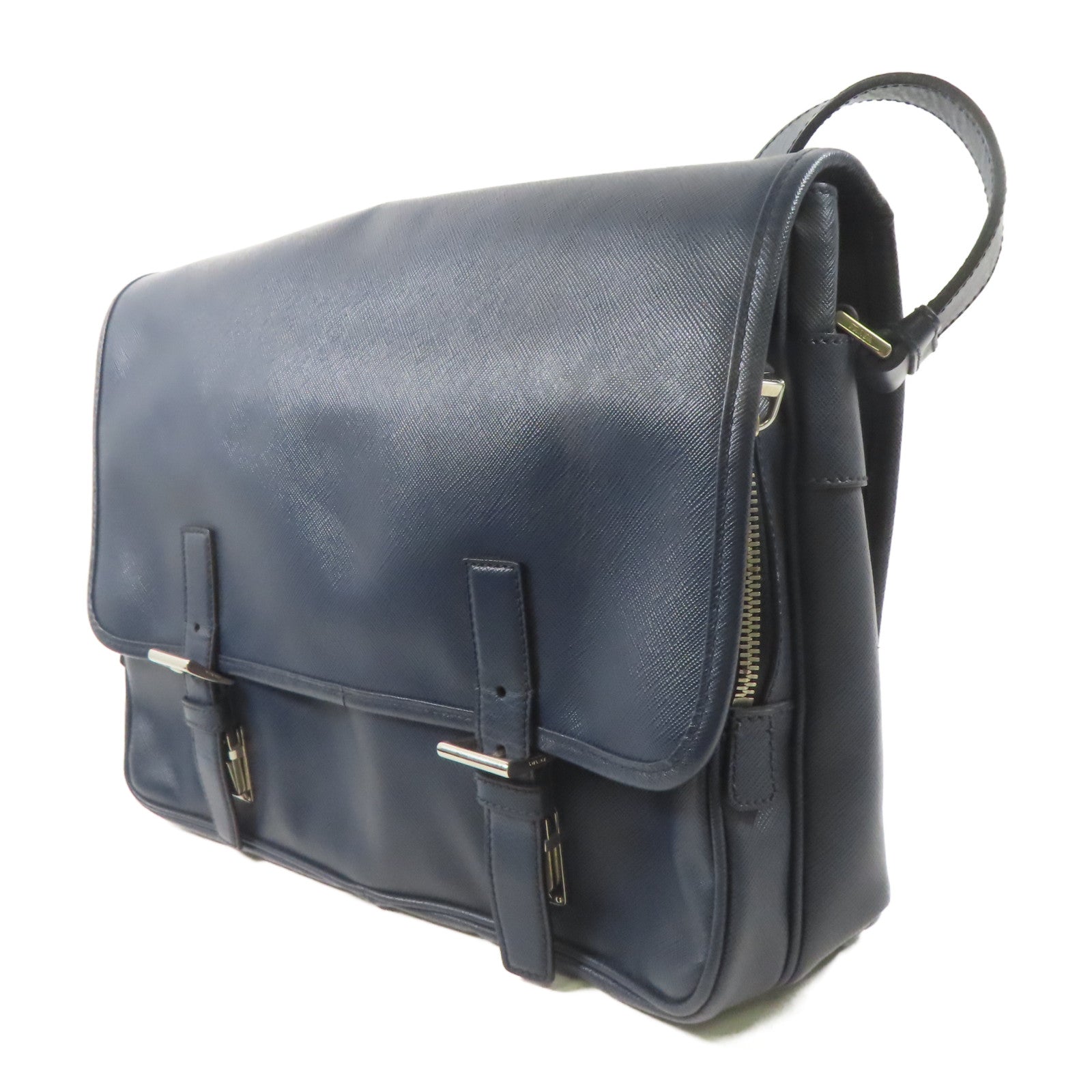 PRADA 皮革Shoulder Bag銀扣肩背袋深藍色