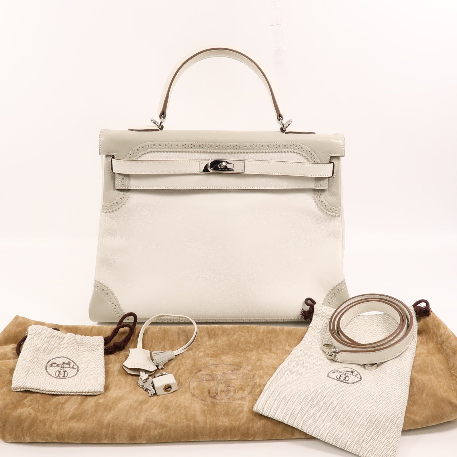 HERMES Swift皮革Ghillies Kelly 35手挽肩背兩用袋Blanc/Gris Perle