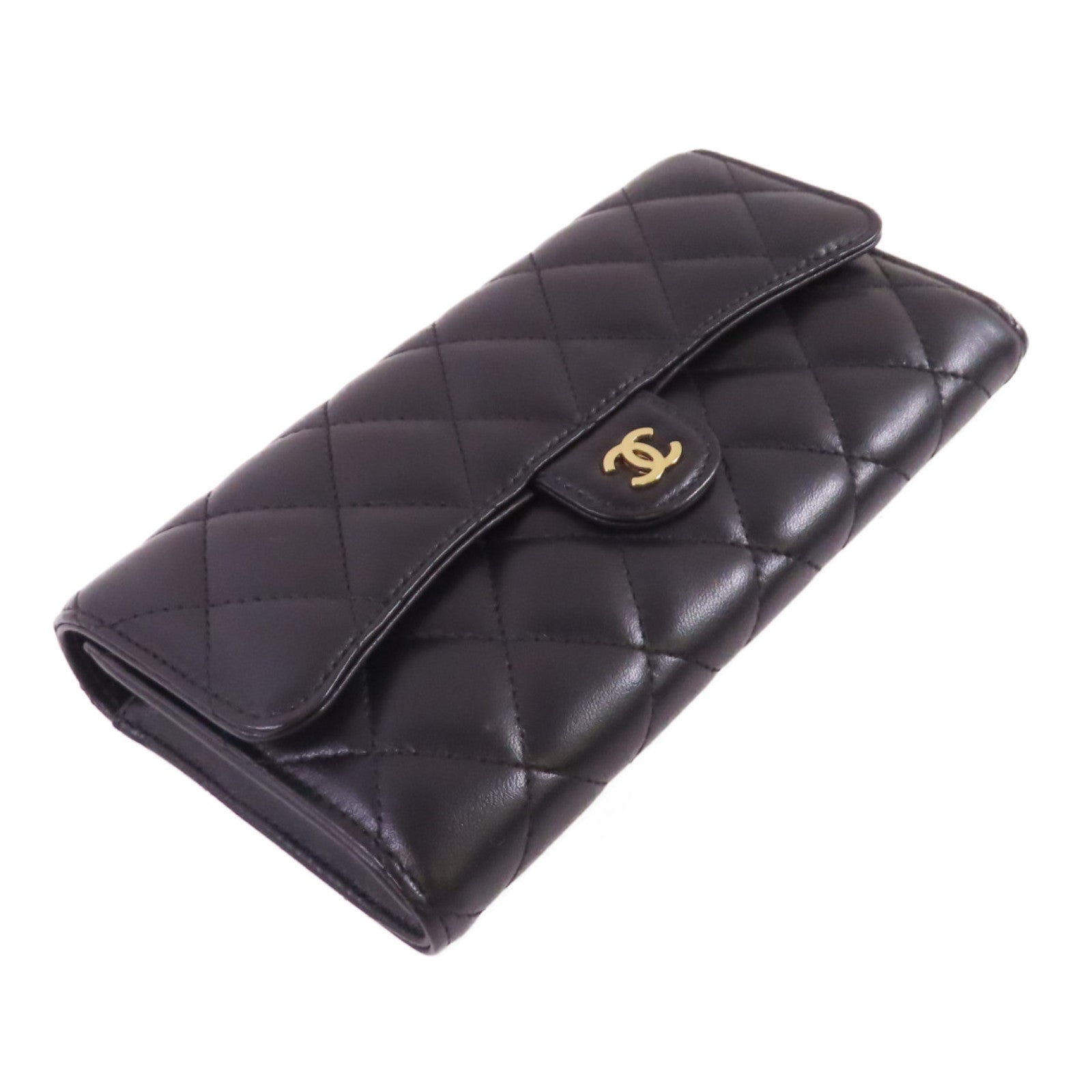 CHANEL 菱格羊皮皮革Long Wallet金扣長錢包黑色
