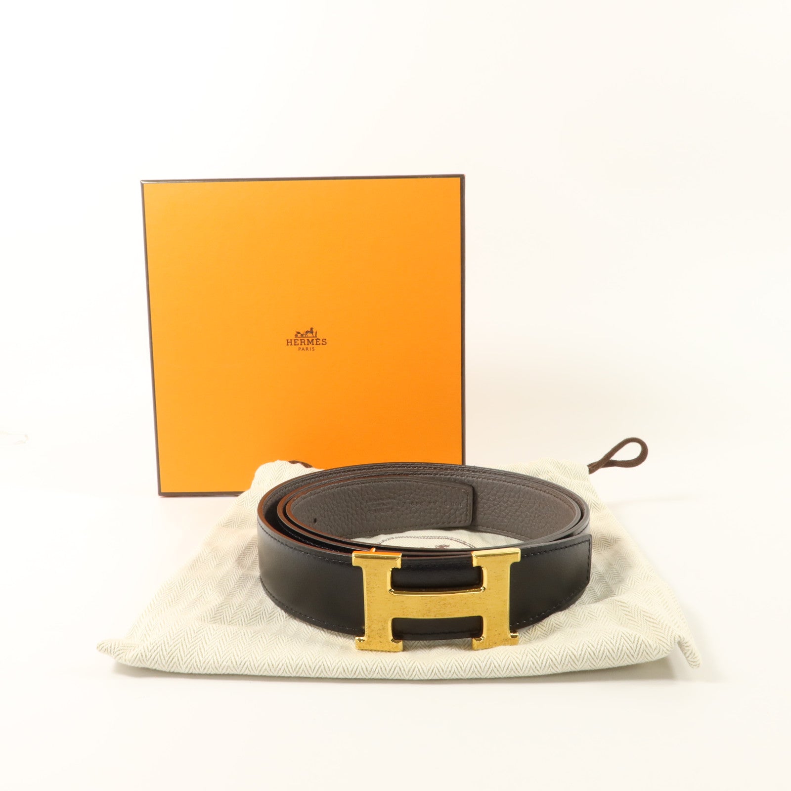 HERMES Togo皮革/Box Calf皮革H Belt 100cm金扣皮帶Noir/Etain