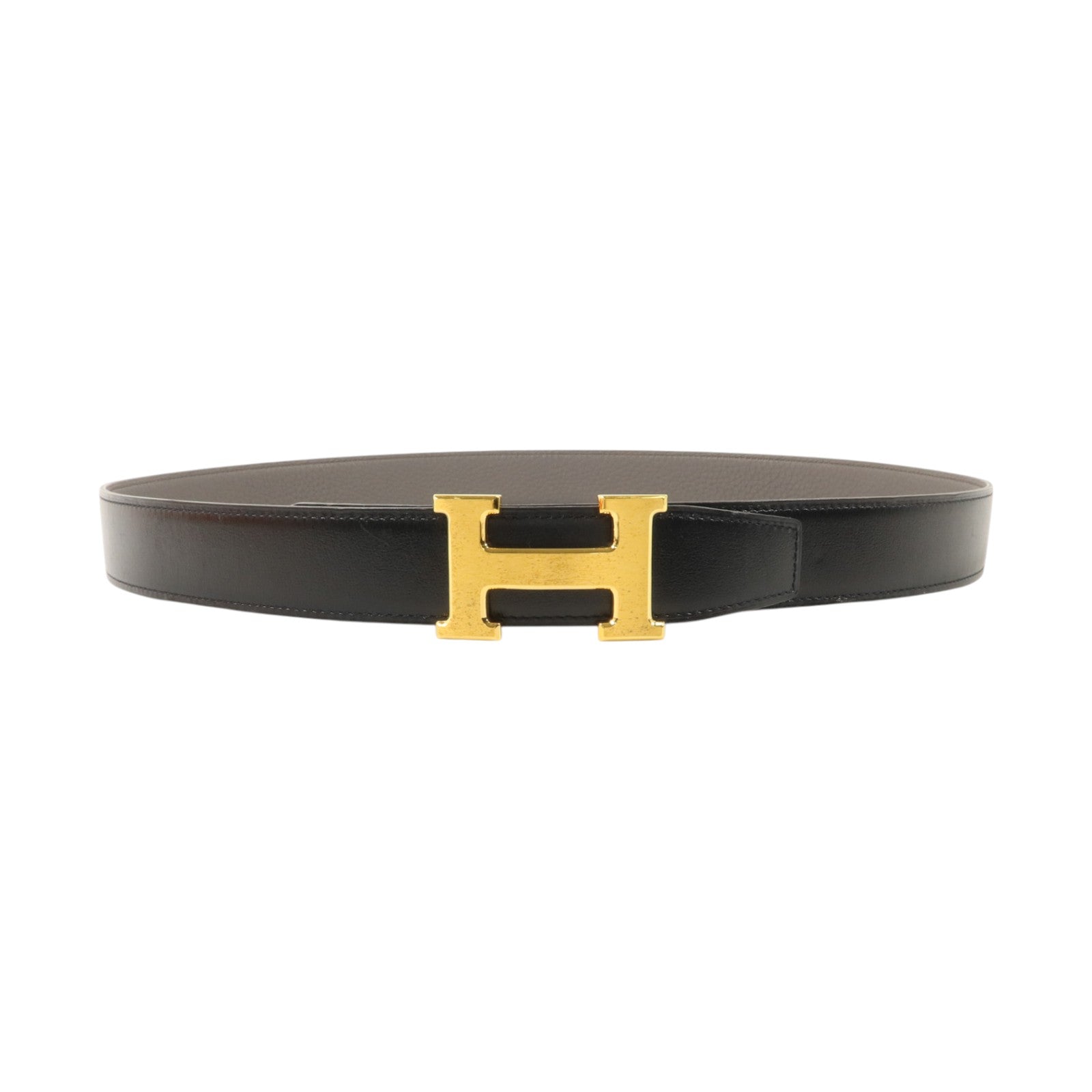HERMES Togo皮革/Box Calf皮革H Belt 100cm金扣皮帶Noir/Etain