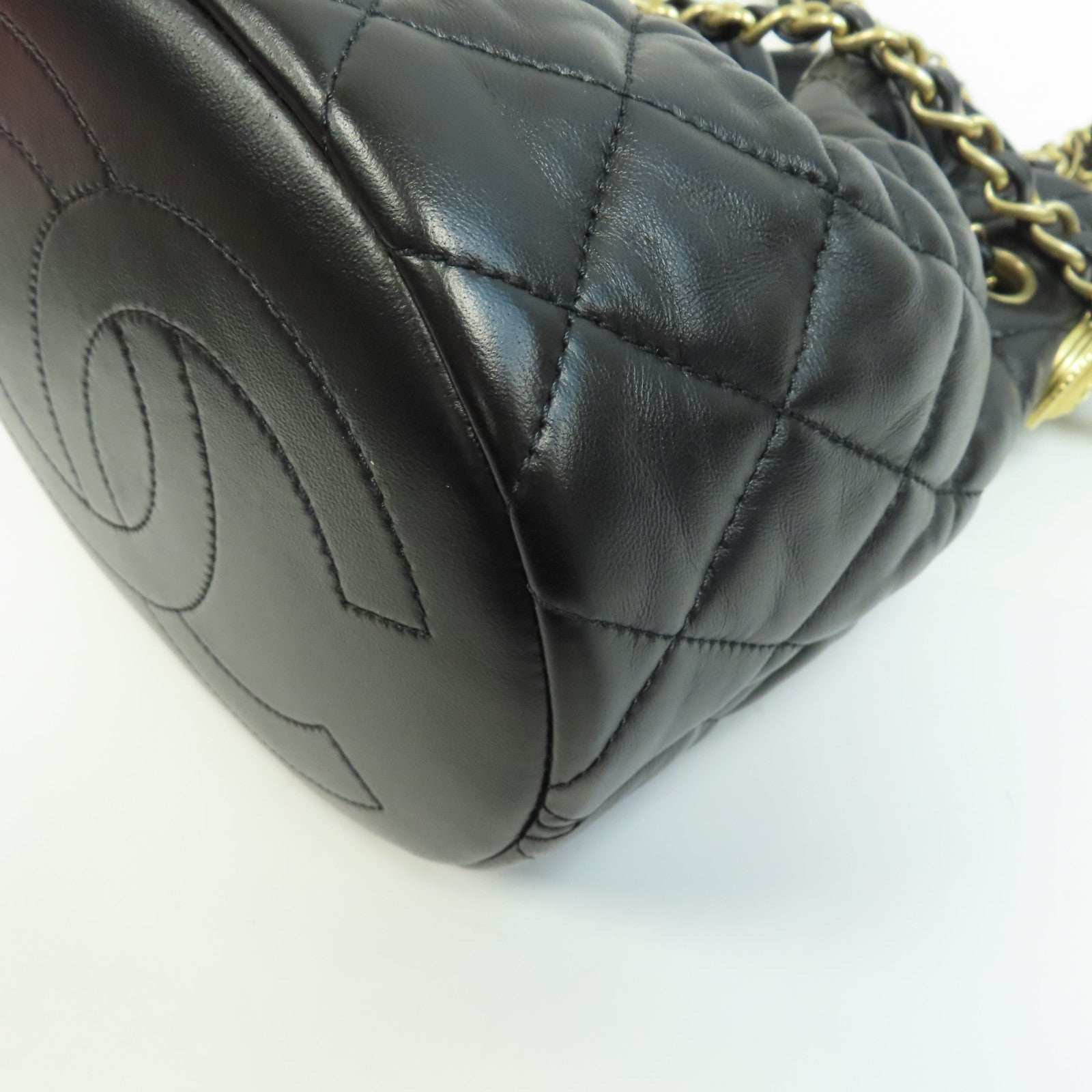 CHANEL 菱格牛皮皮革Bucket Bag金扣鏈帶手挽肩背兩用袋黑色