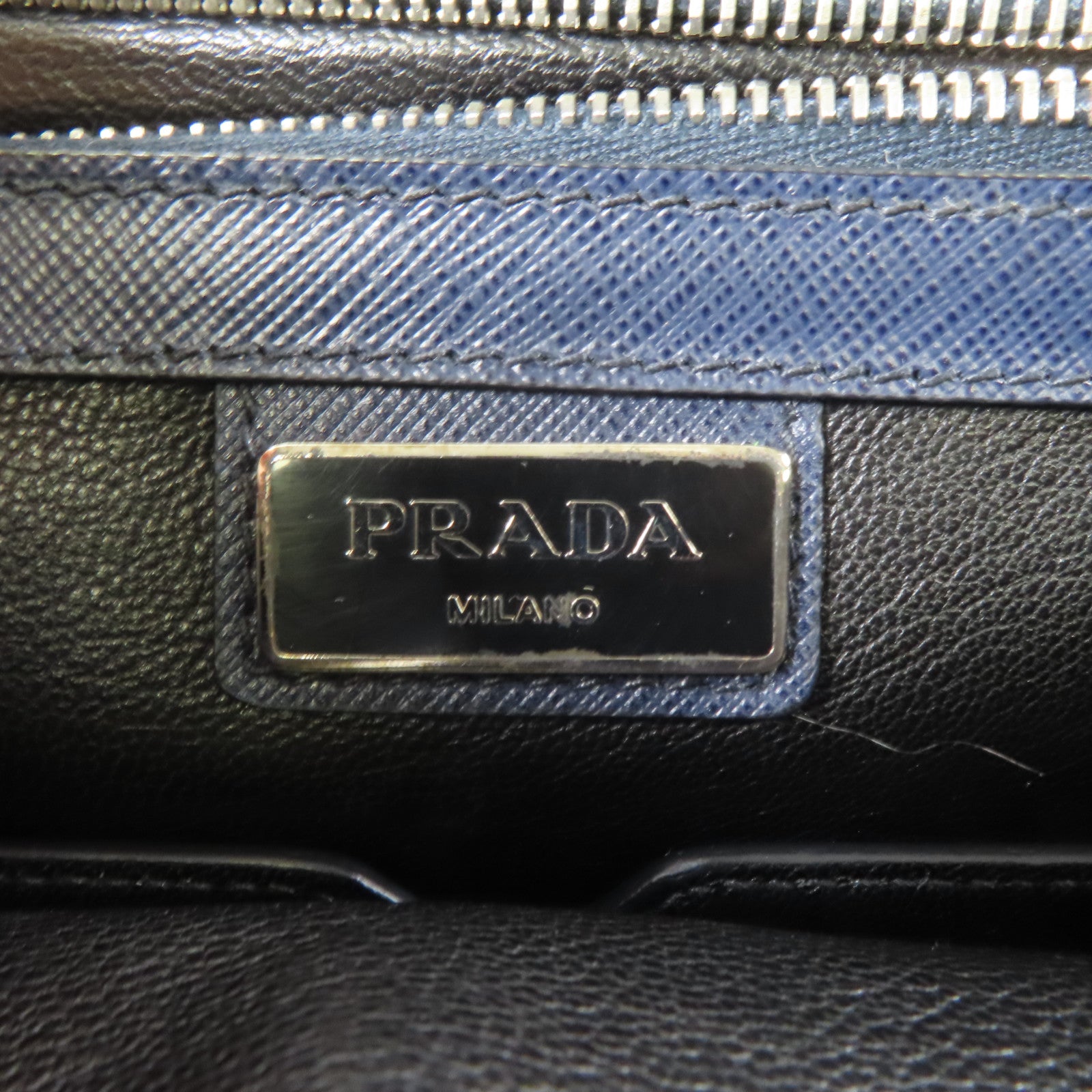 PRADA 皮革Shoulder Bag銀扣肩背袋深藍色
