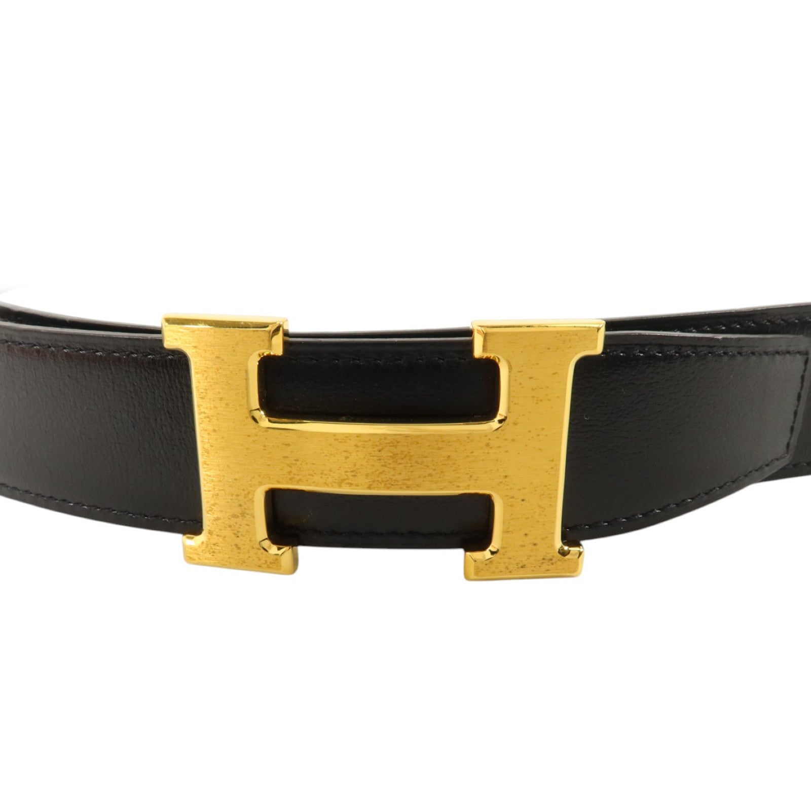 HERMES Togo皮革/Box Calf皮革H Belt 100cm金扣皮帶Noir/Etain