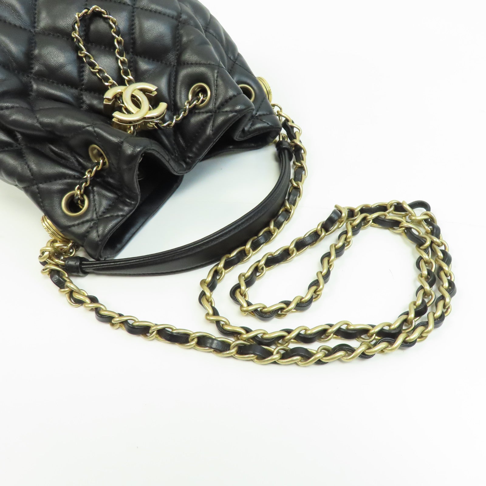 CHANEL 菱格牛皮皮革Bucket Bag金扣鏈帶手挽肩背兩用袋黑色