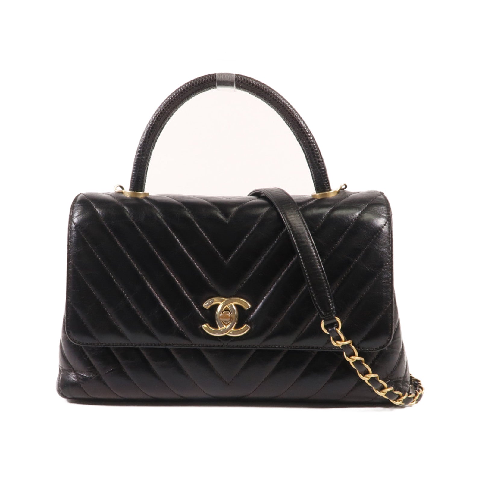 CHANEL 牛皮皮革/蜥蝪皮革Coco Handle金扣手挽肩背兩用袋