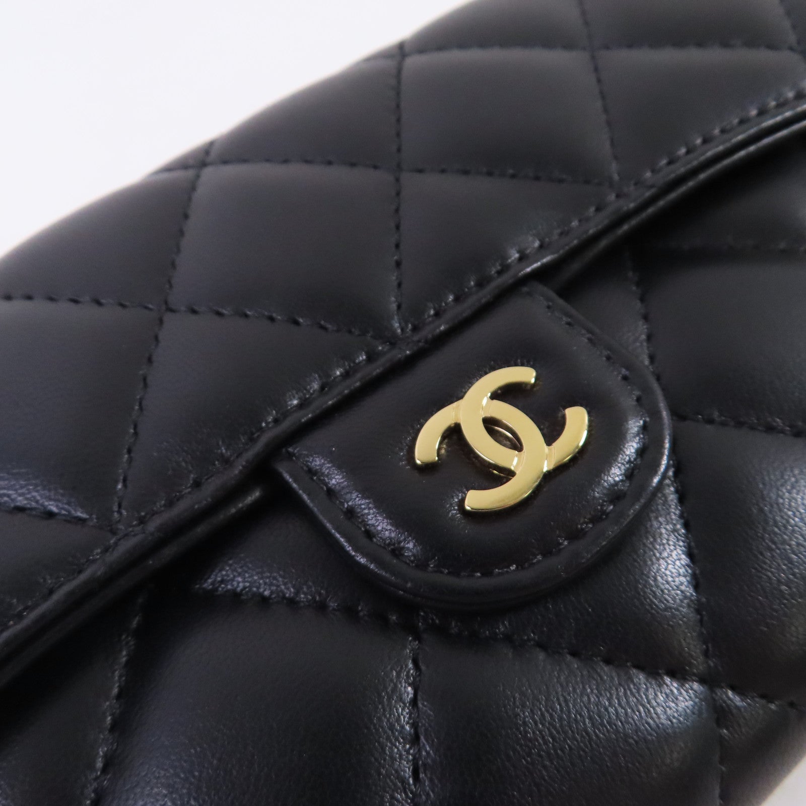 CHANEL 菱格羊皮皮革Long Wallet金扣長錢包黑色