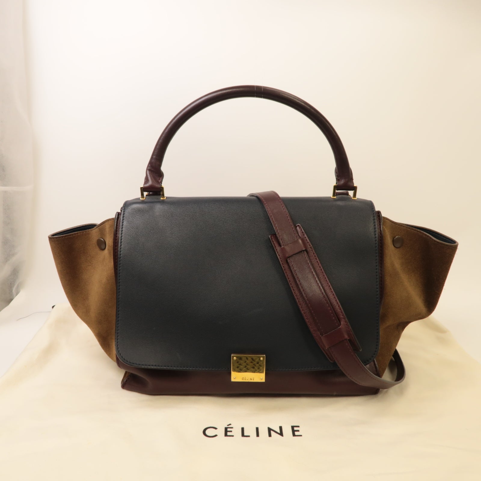 CELINE 【激減優惠】牛皮皮革/麂皮皮革Trapeze 2 Way Shoulder金扣手挽肩背兩用袋啡色/深藍色/卡其色