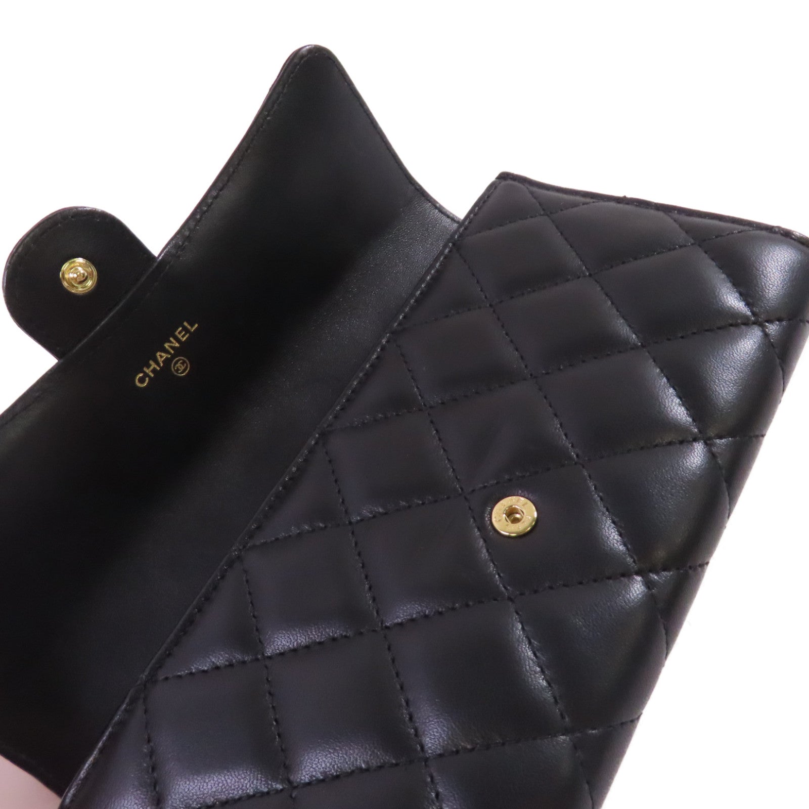 CHANEL 菱格羊皮皮革Long Wallet金扣長錢包黑色