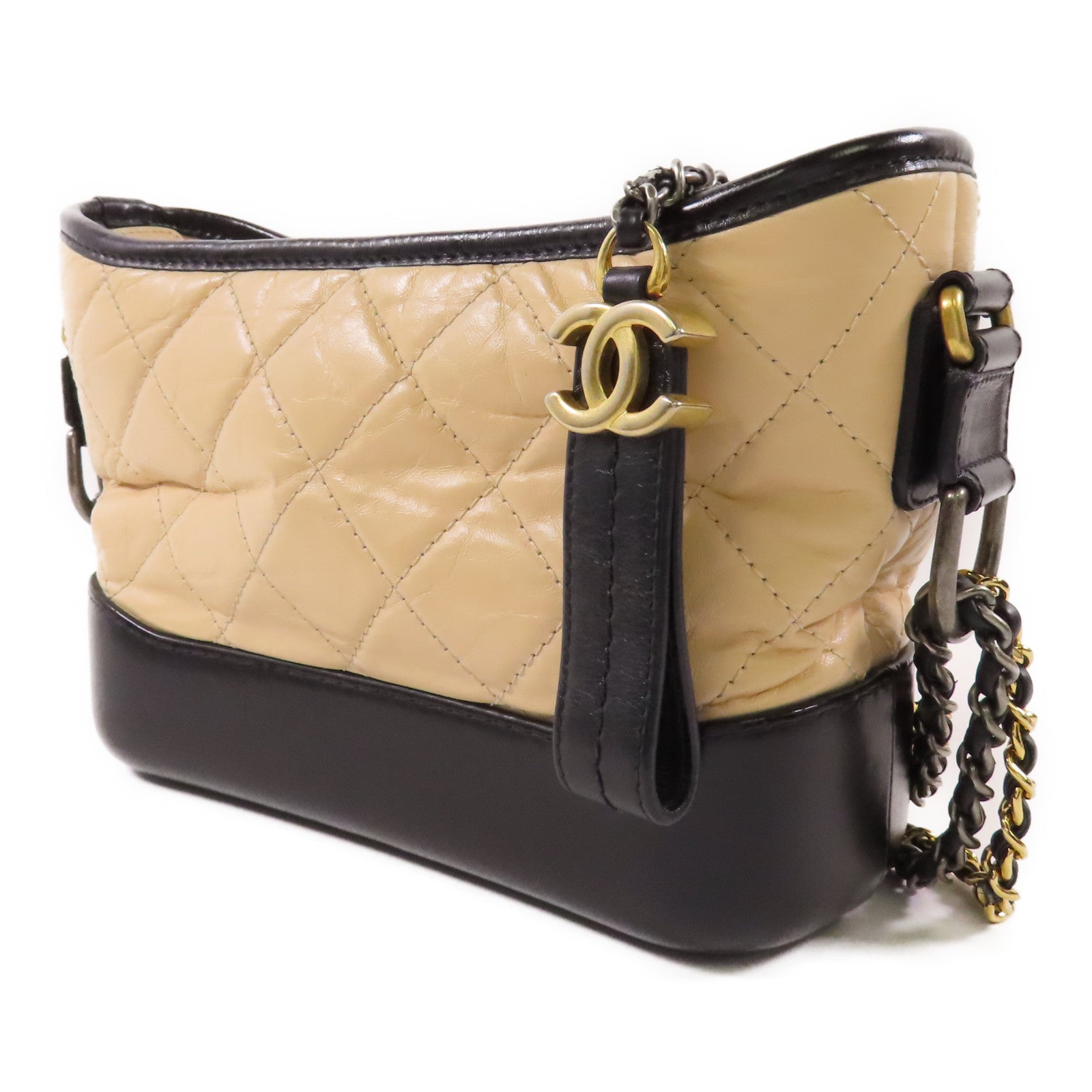 CHANEL CC Gabrielle Small Chain Shoulder Bag Calfskin Leather Beige/Black