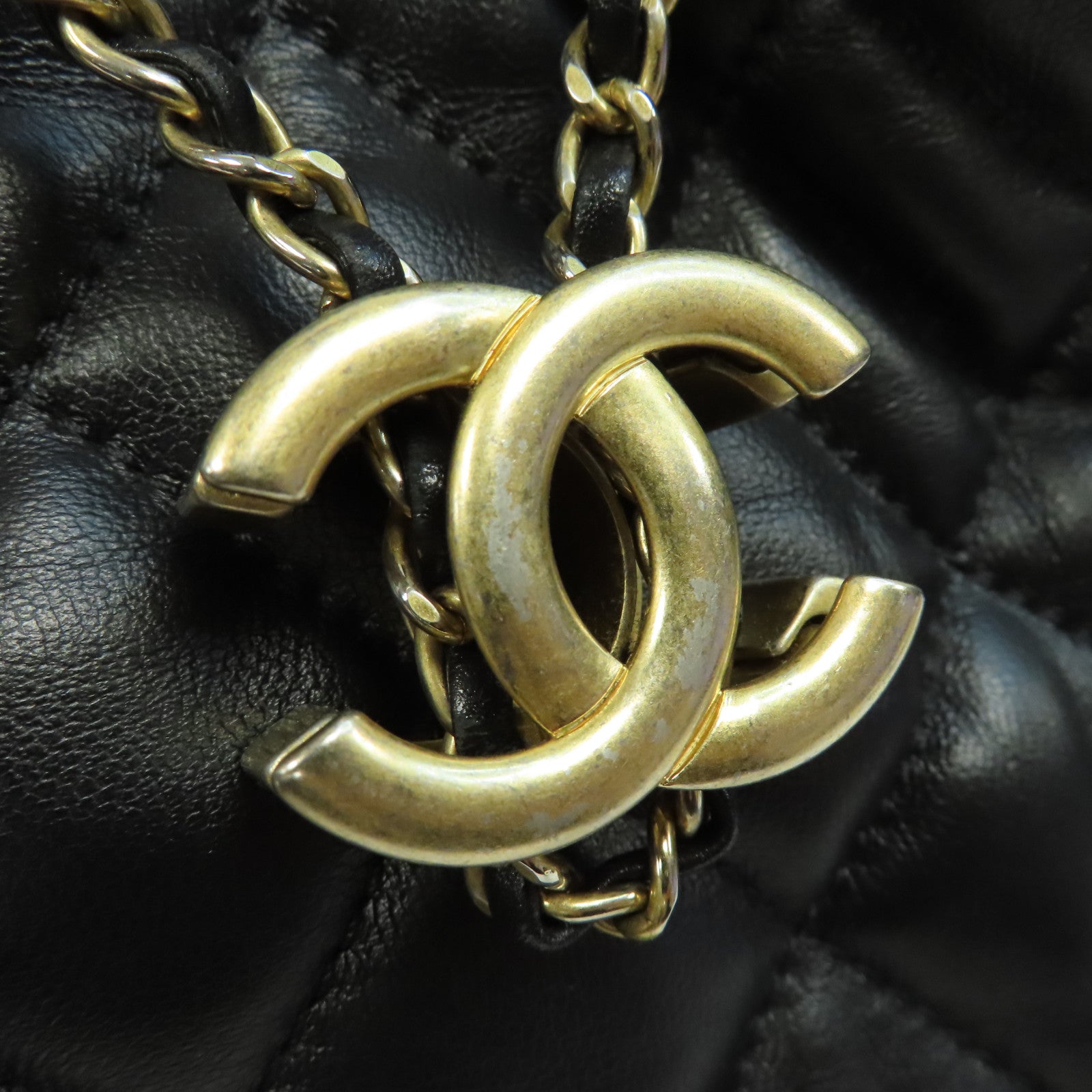 CHANEL 菱格牛皮皮革Bucket Bag金扣鏈帶手挽肩背兩用袋黑色