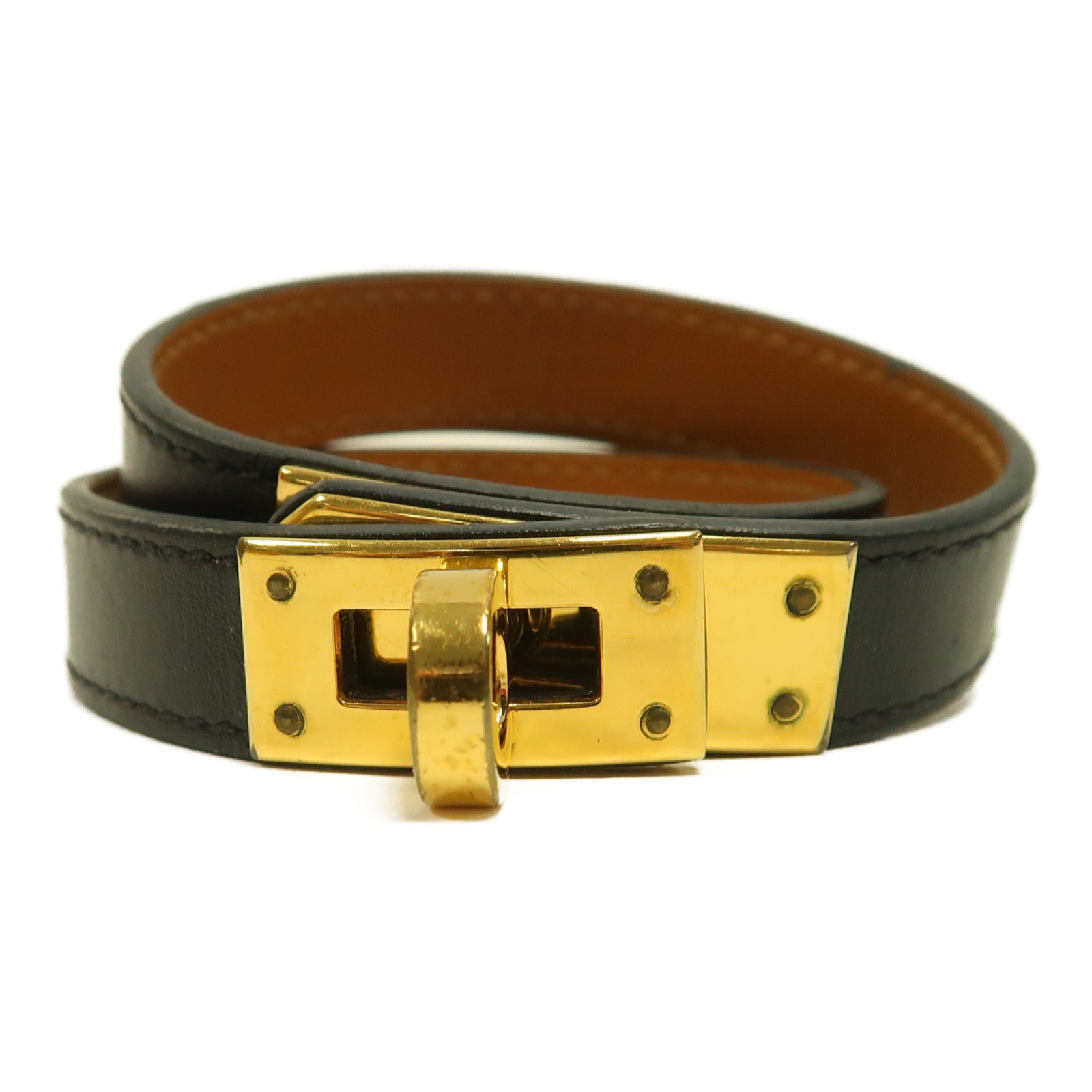 HERMES Swift皮革Double Tour Bracelet金扣手鐲黑色