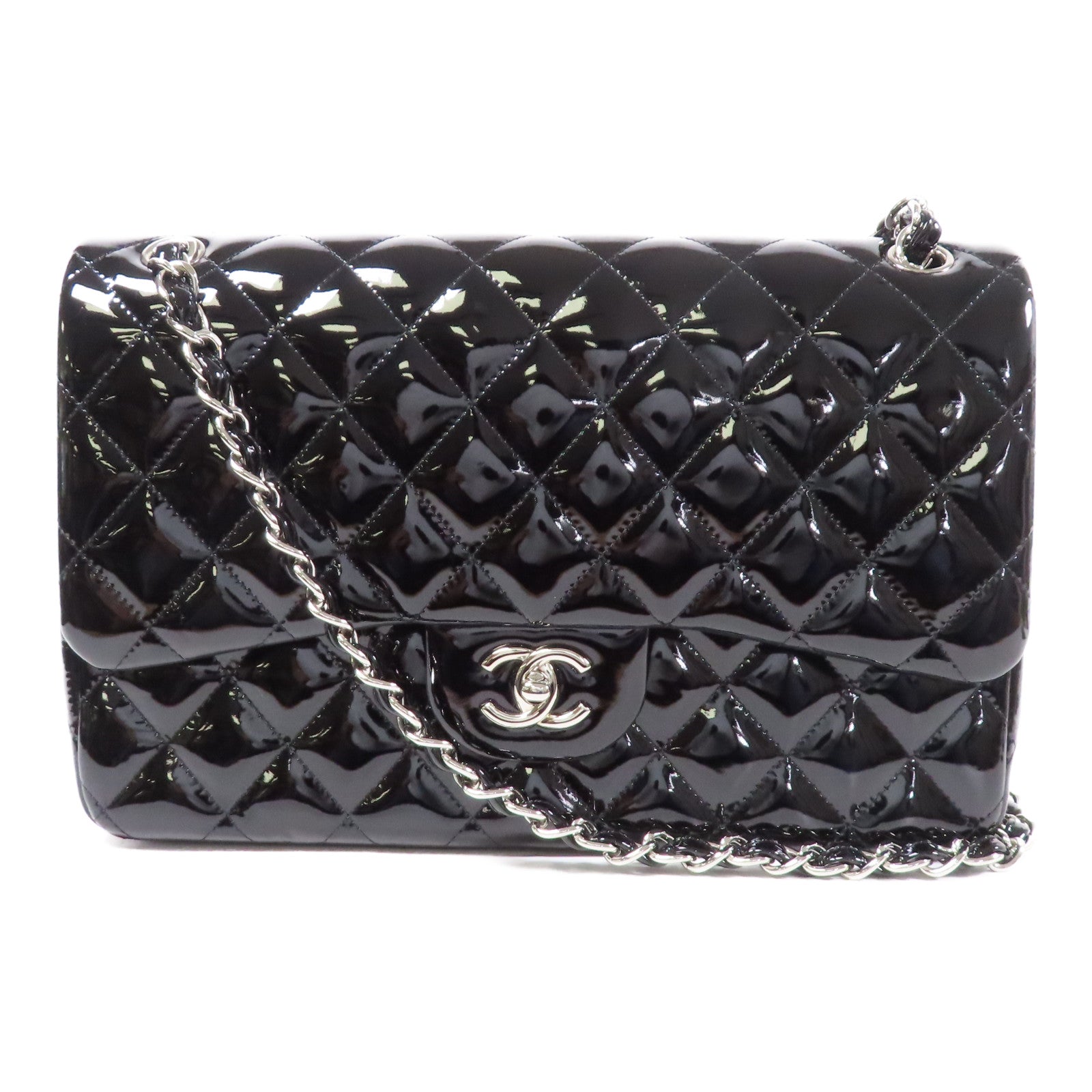 CHANEL 漆皮皮革Large Classic銀扣肩背袋