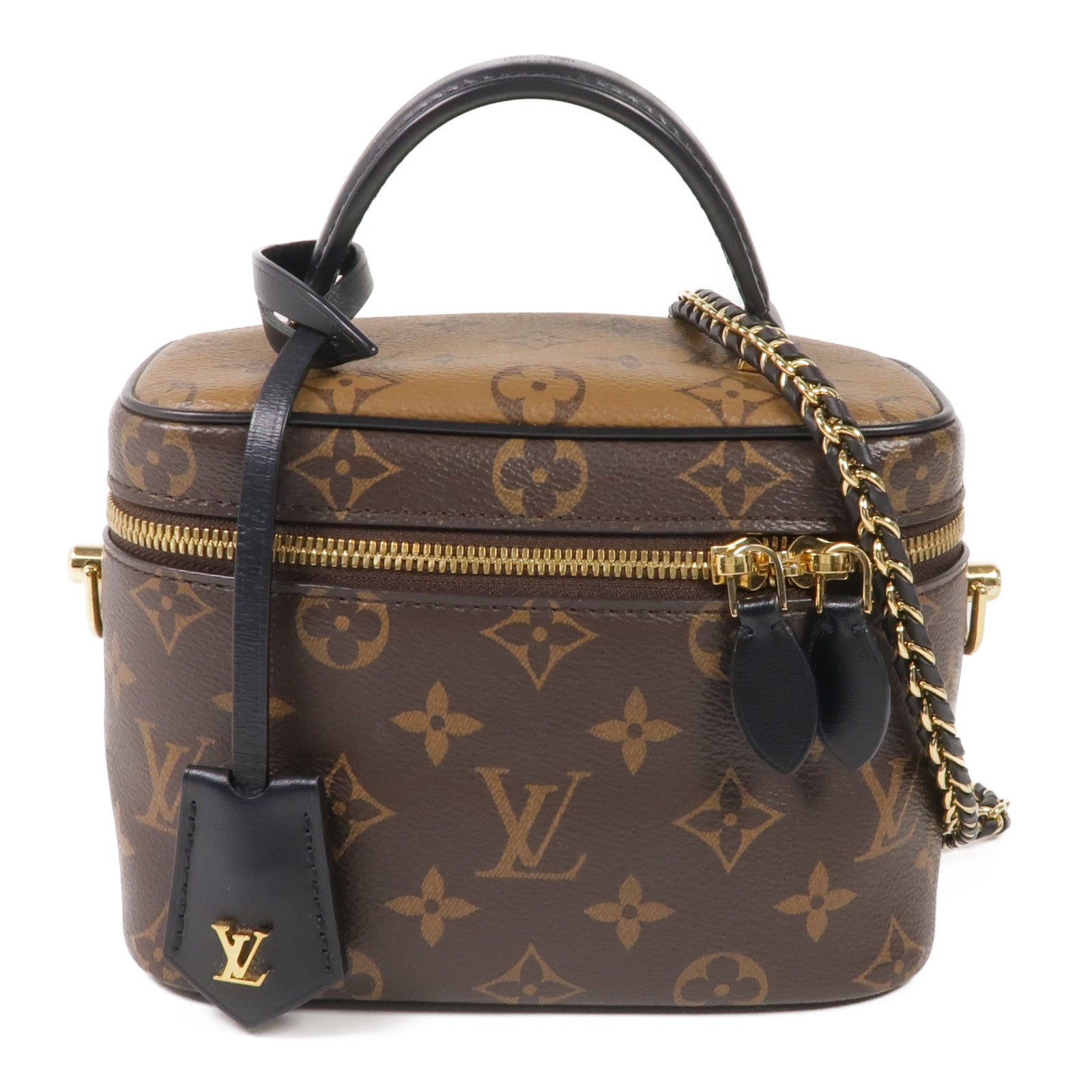 LOUIS VUITTON Monogram/Monogram Reverse Vanity PM金扣手挽肩背兩用袋棕色