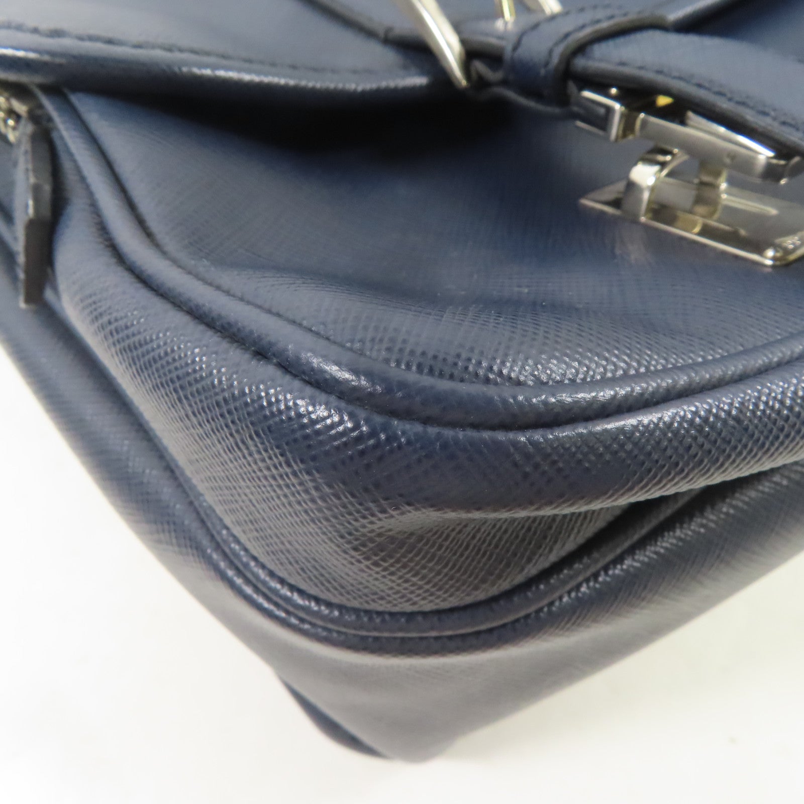 PRADA 皮革Shoulder Bag銀扣肩背袋深藍色