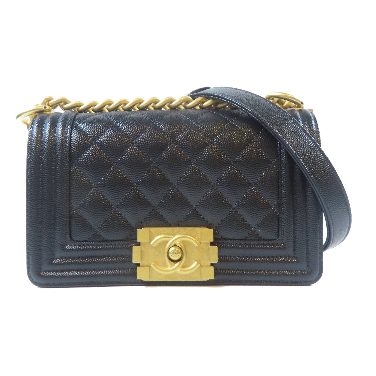 CHANEL 菱格Caviar皮革Boy 20cm金扣鏈帶肩背袋黑色