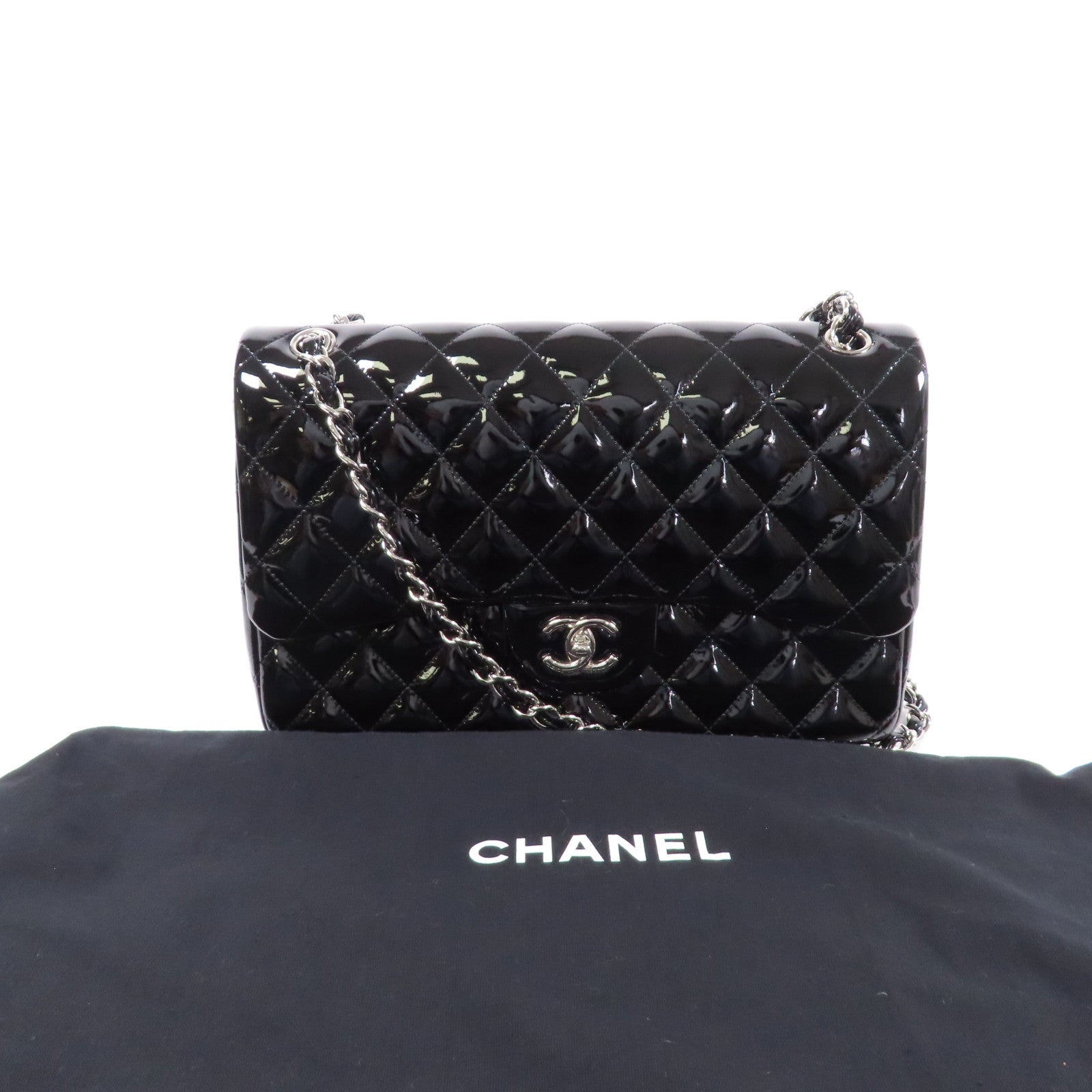 CHANEL 漆皮皮革Large Classic銀扣肩背袋