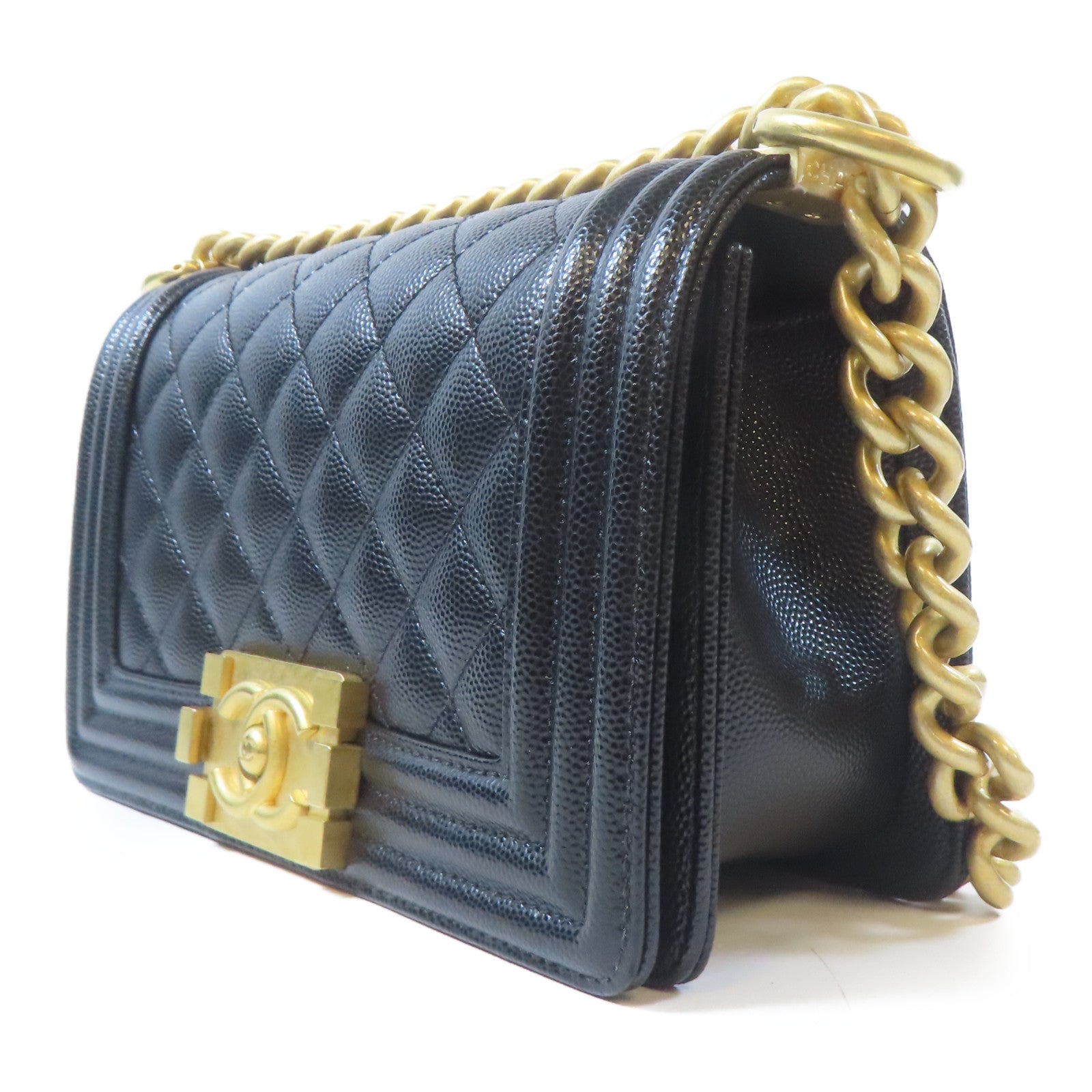 CHANEL 菱格Caviar皮革Boy 20cm金扣鏈帶肩背袋黑色