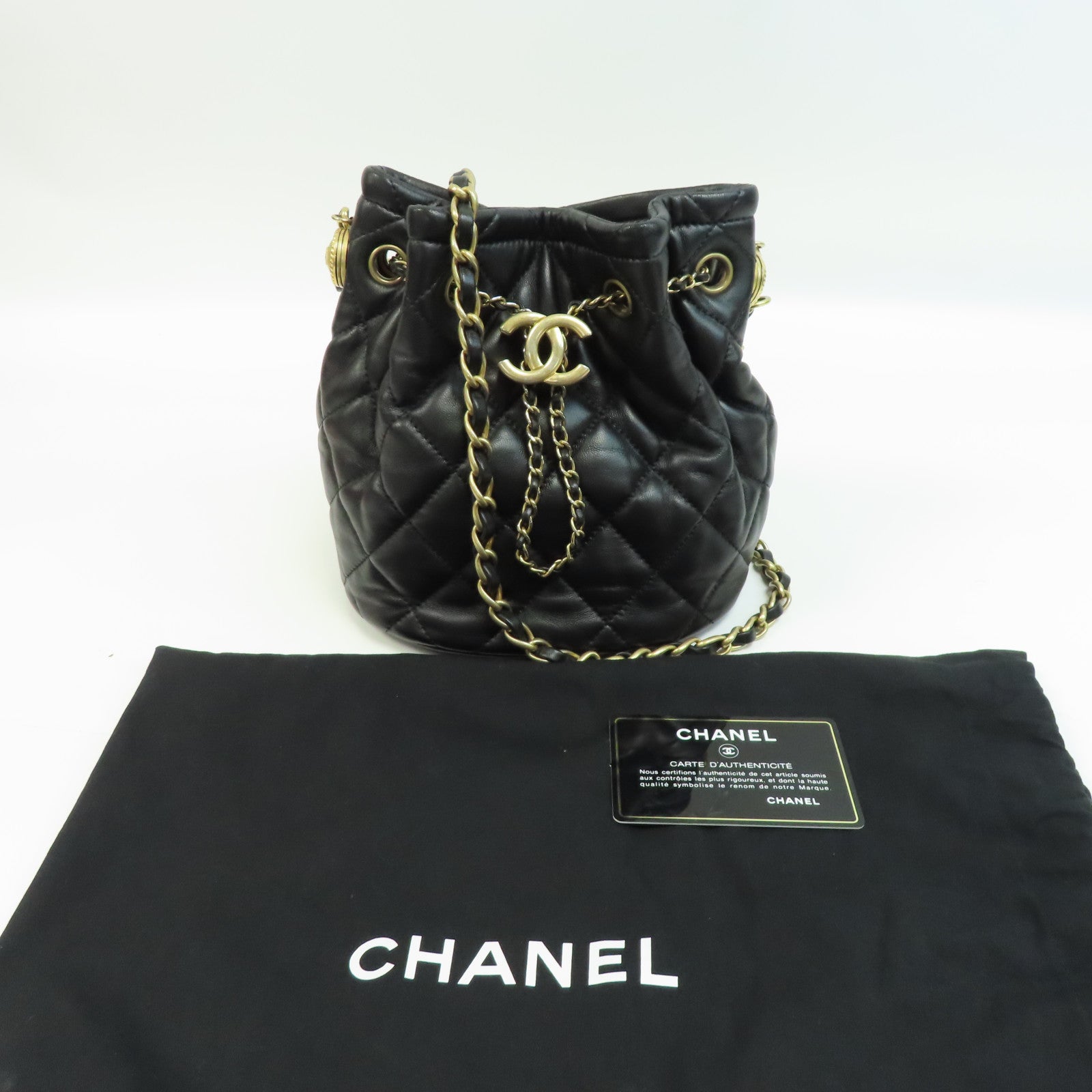CHANEL 菱格牛皮皮革Bucket Bag金扣鏈帶手挽肩背兩用袋黑色
