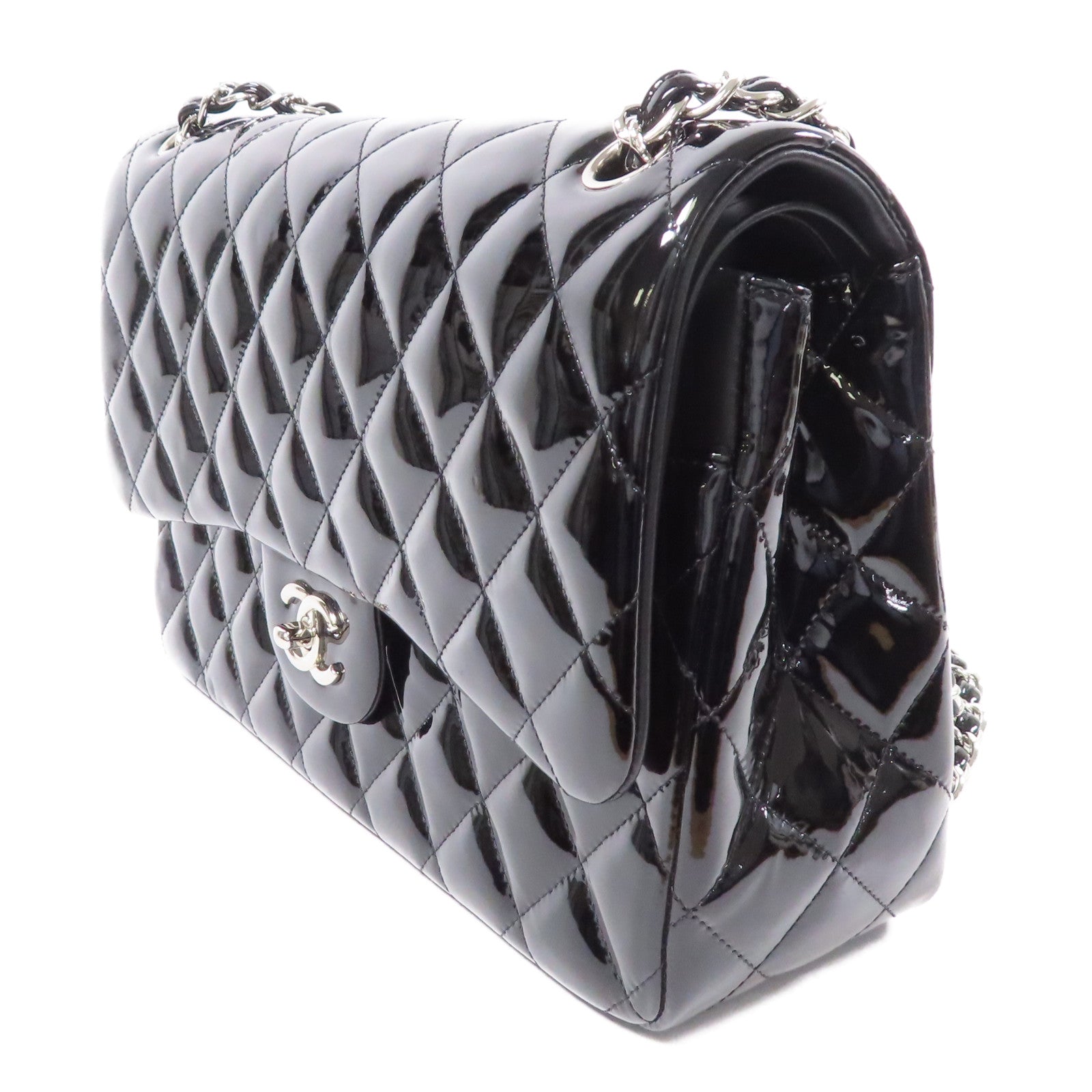 CHANEL 漆皮皮革Large Classic銀扣肩背袋