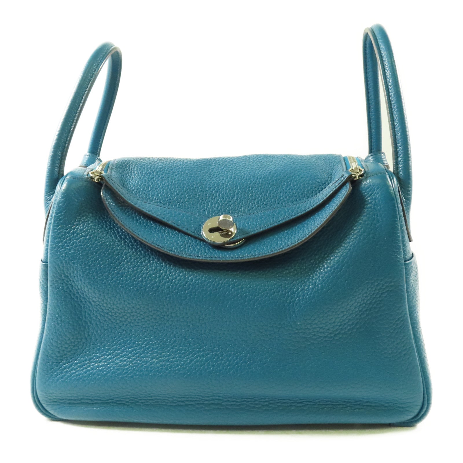 HERMES Clemence皮革Lindy 30銀扣肩背袋Bleu Izmir