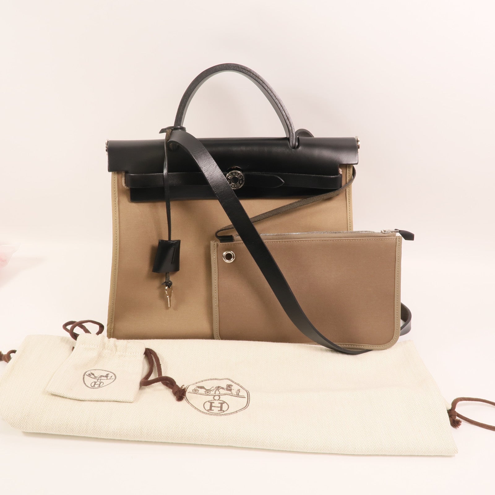 HERMES 帆布Herbag PM銀扣手挽肩背兩用袋Etoupe