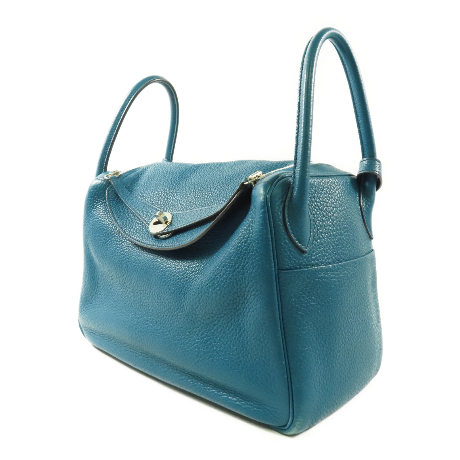 HERMES Clemence皮革Lindy 30銀扣肩背袋Bleu Izmir