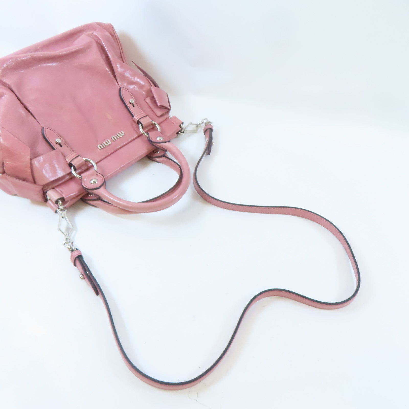 Miu Miu 牛皮皮革2 Way Shoulder銀扣手挽肩背兩用袋粉紅色