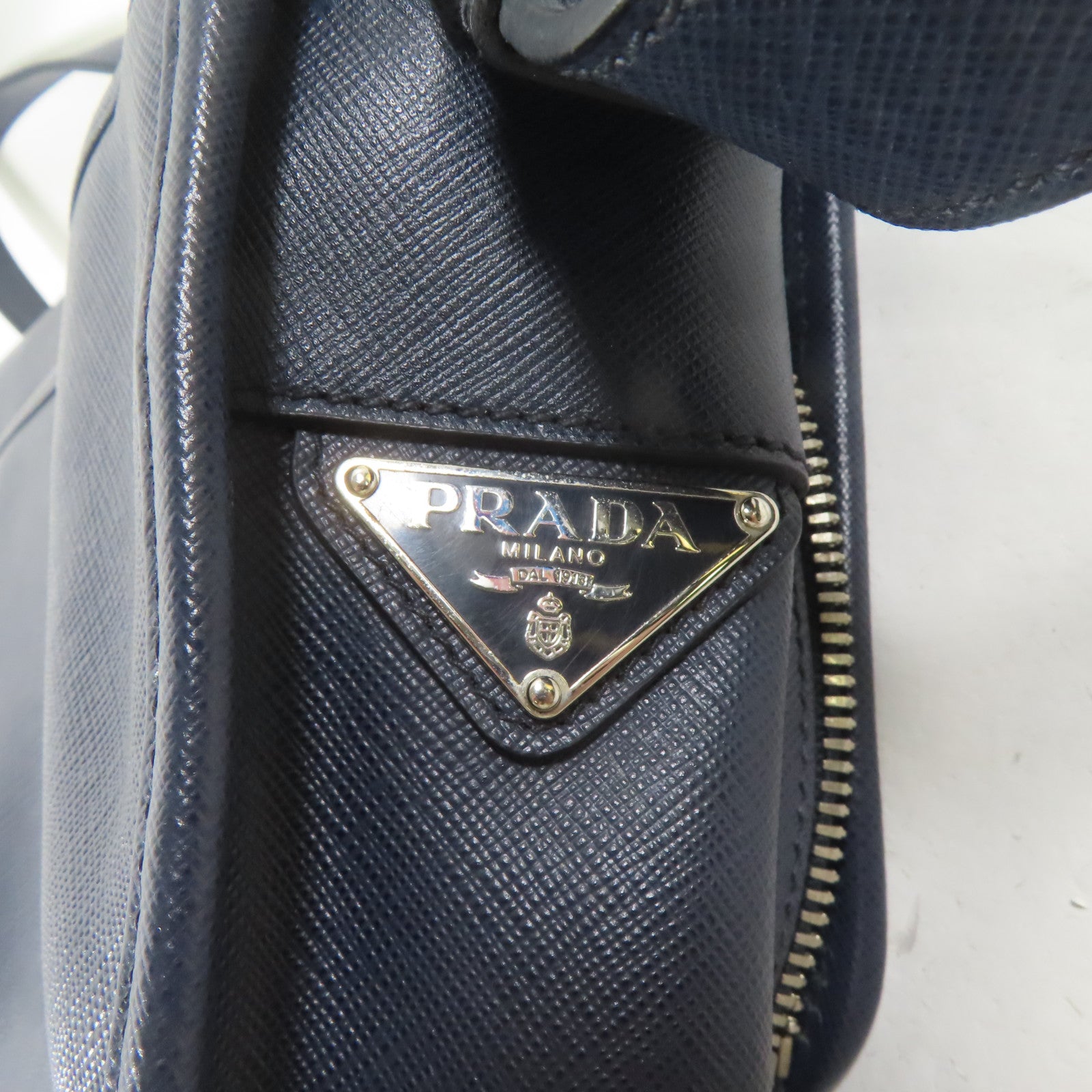 PRADA 皮革Shoulder Bag銀扣肩背袋深藍色