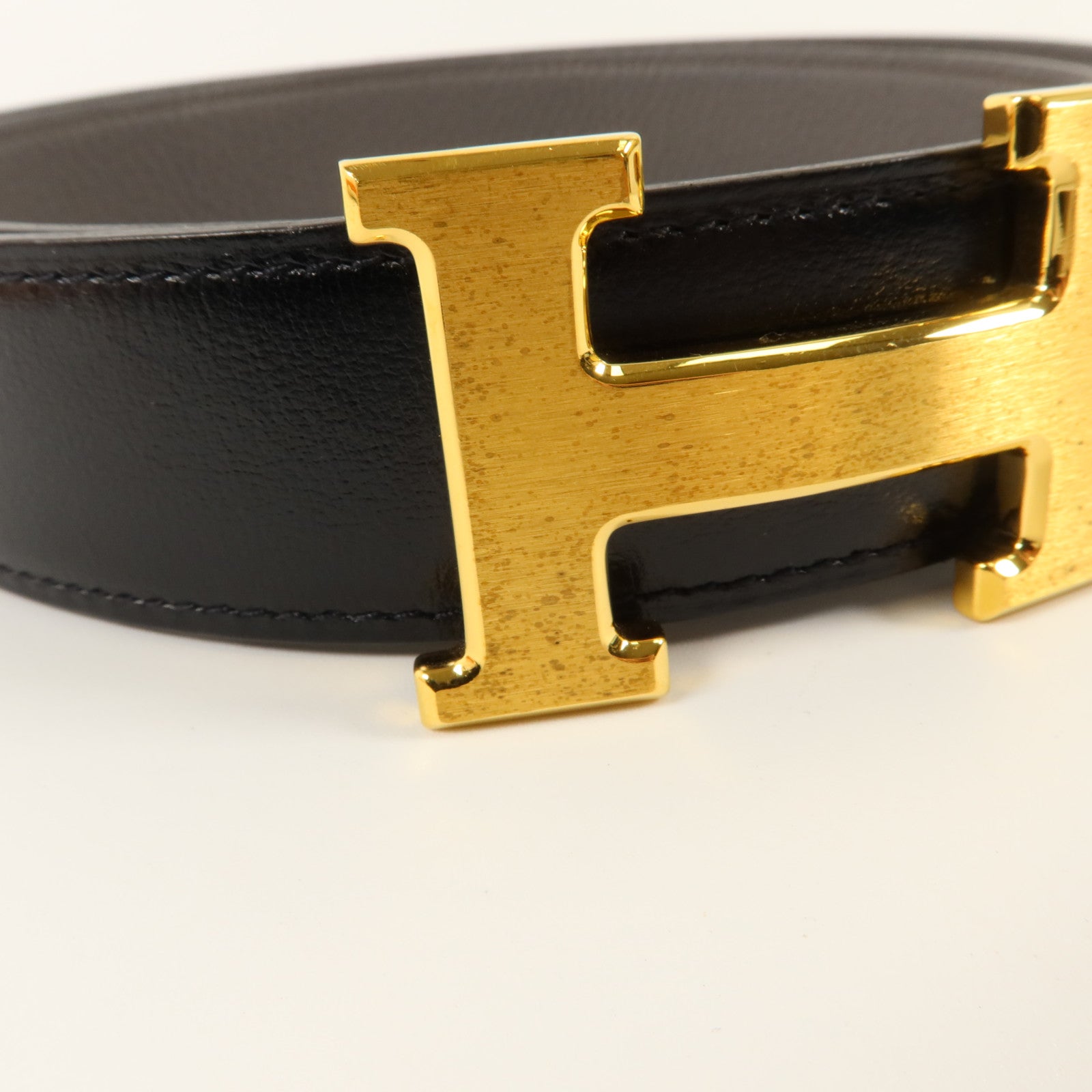HERMES Togo皮革/Box Calf皮革H Belt 100cm金扣皮帶Noir/Etain