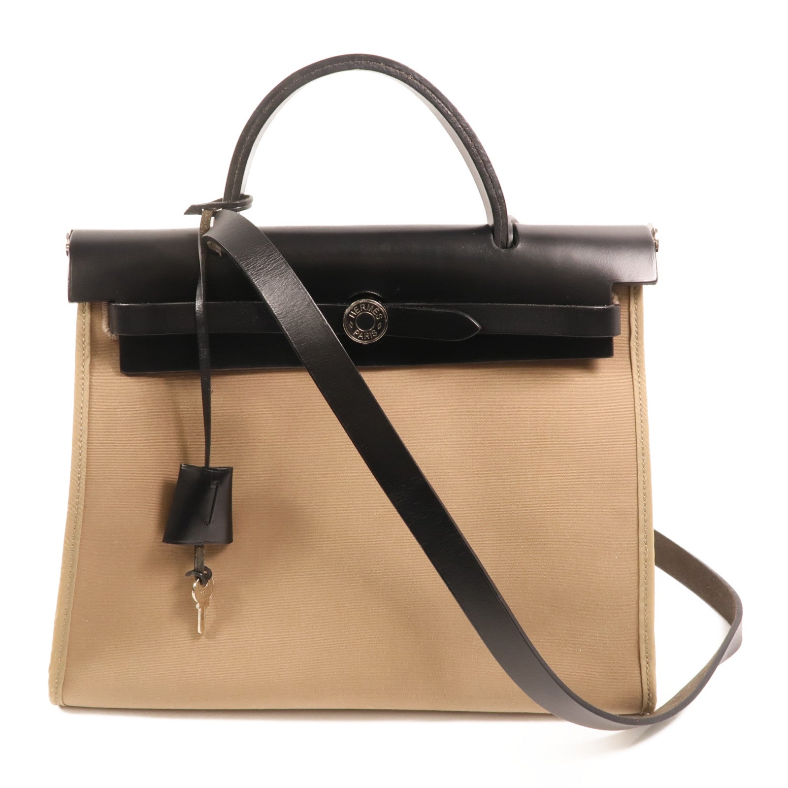 HERMES 帆布Herbag PM銀扣手挽肩背兩用袋Etoupe