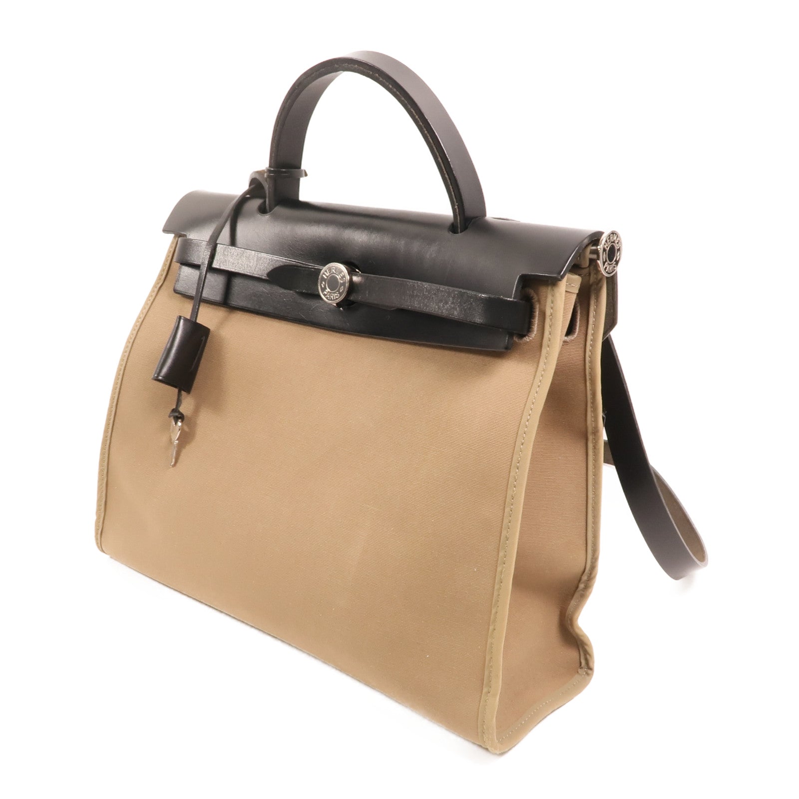 HERMES 帆布Herbag PM銀扣手挽肩背兩用袋Etoupe