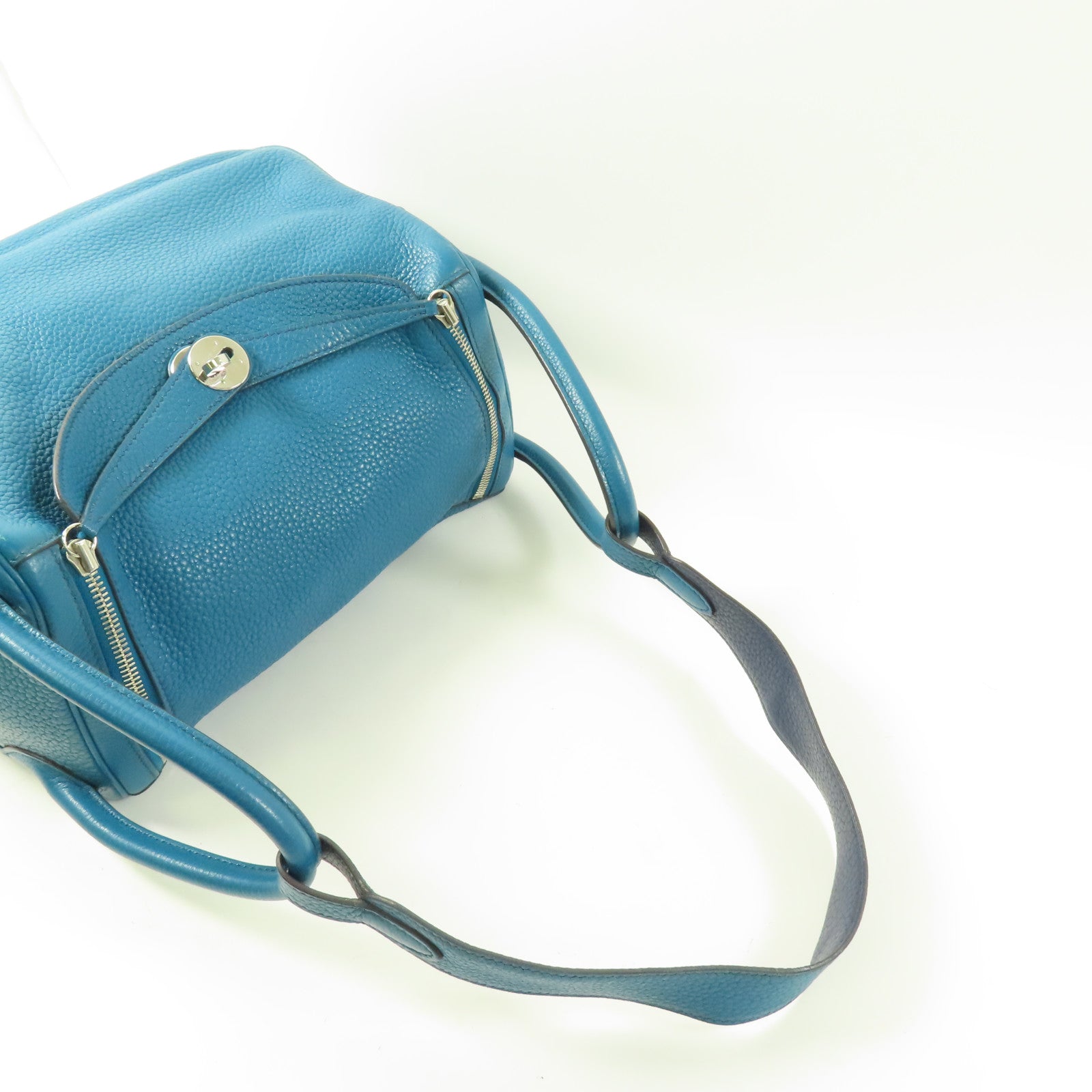 HERMES Clemence皮革Lindy 30銀扣肩背袋Bleu Izmir