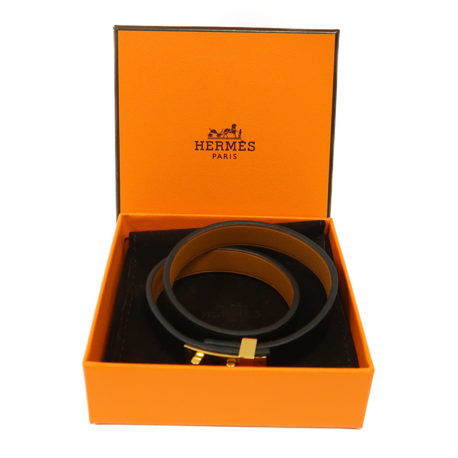 HERMES Evercolour皮革Mini Dog Bracelet金扣手鐲黑色
