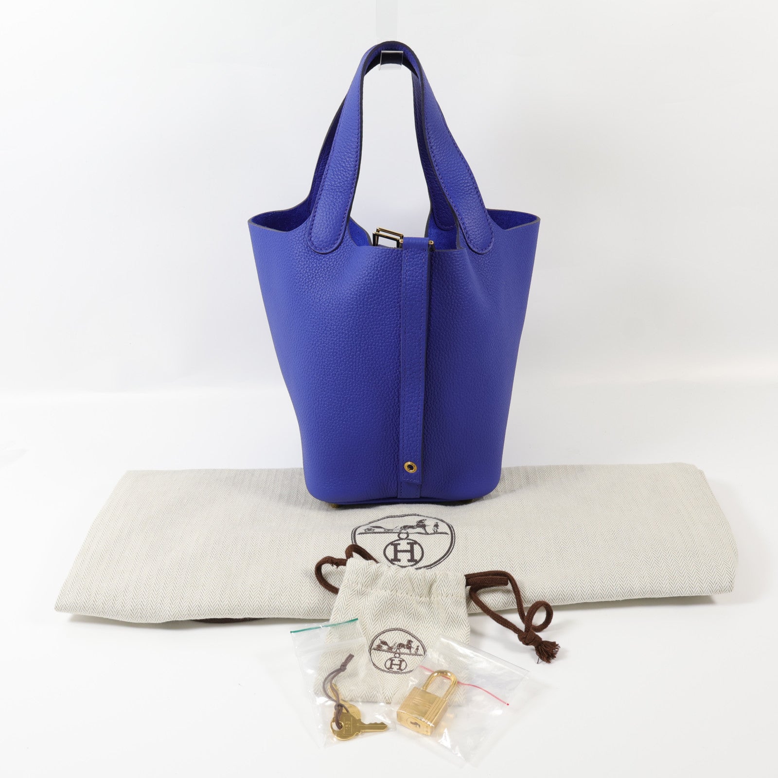 HERMES Clemence皮革Picotin PM金扣手挽袋Bleu Electrique