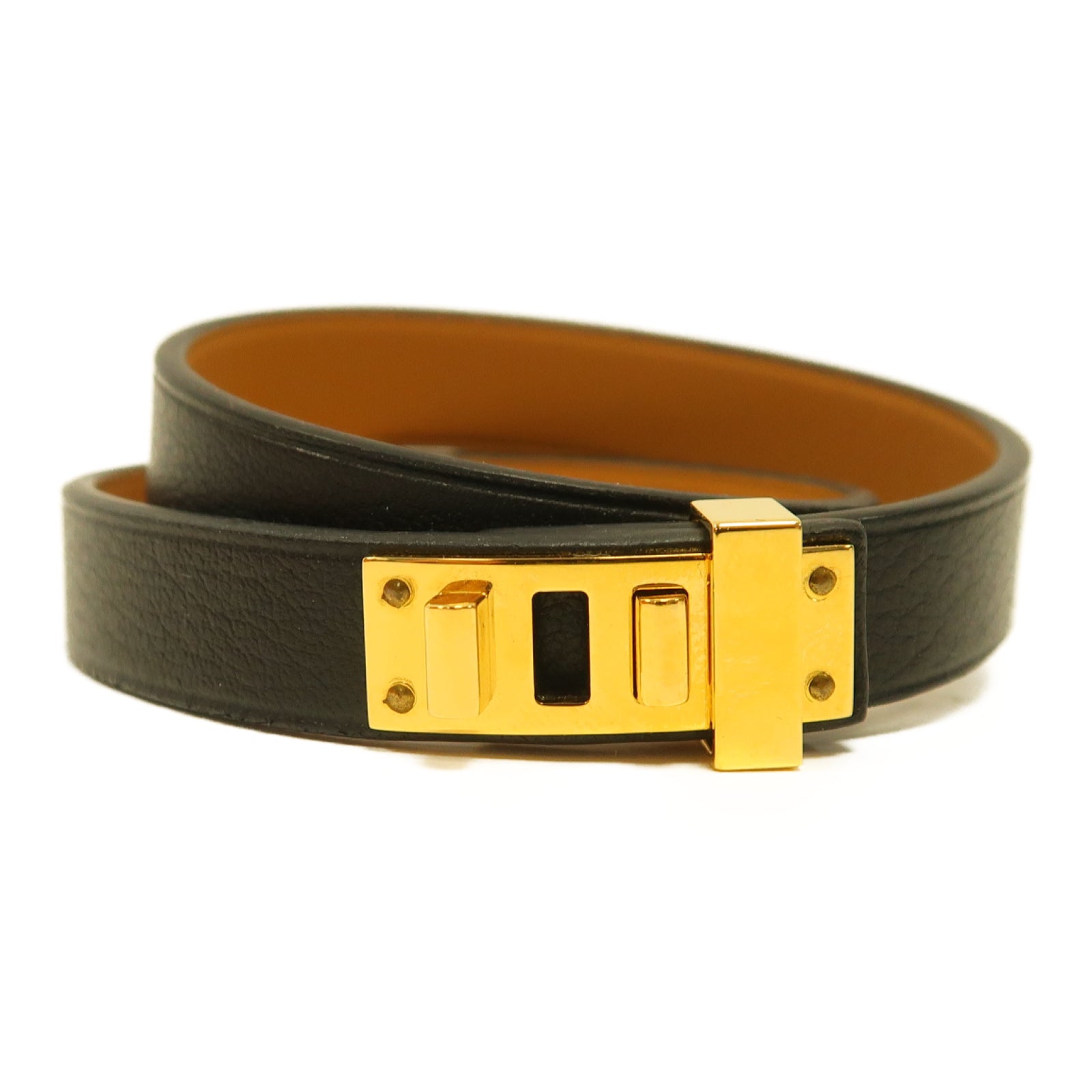HERMES Evercolour皮革Mini Dog Bracelet金扣手鐲黑色